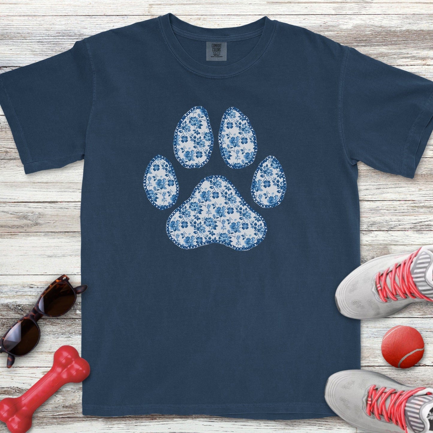 Blue Floral Paw Print T-Shirt