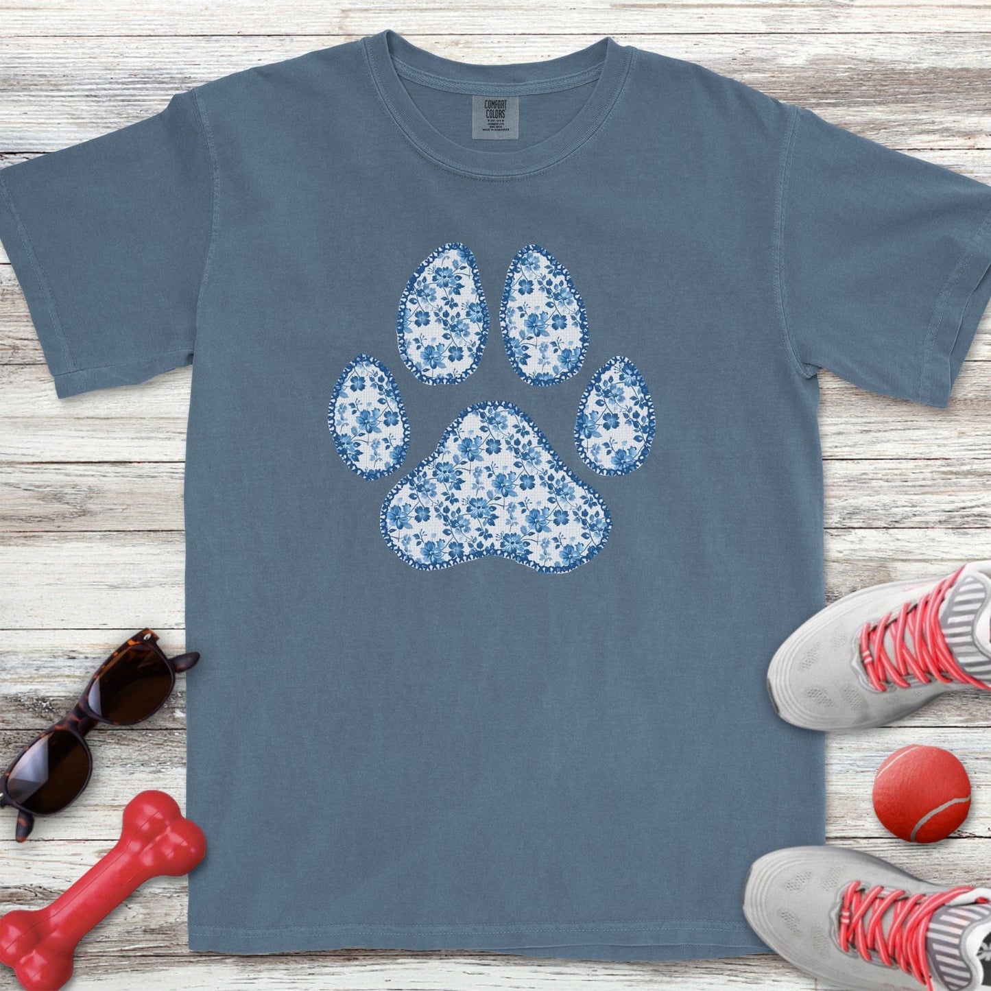 Blue Floral Paw Print T-Shirt