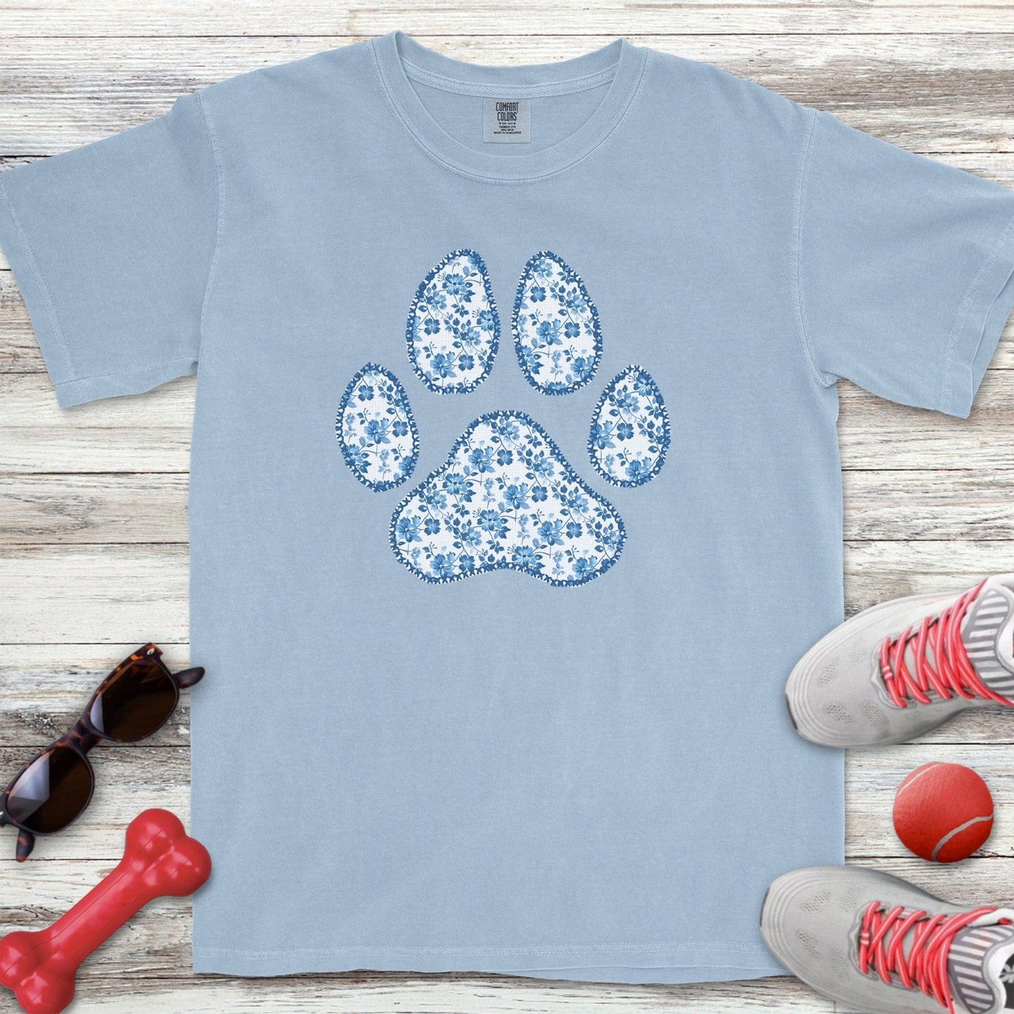 Blue Floral Paw Print T-Shirt