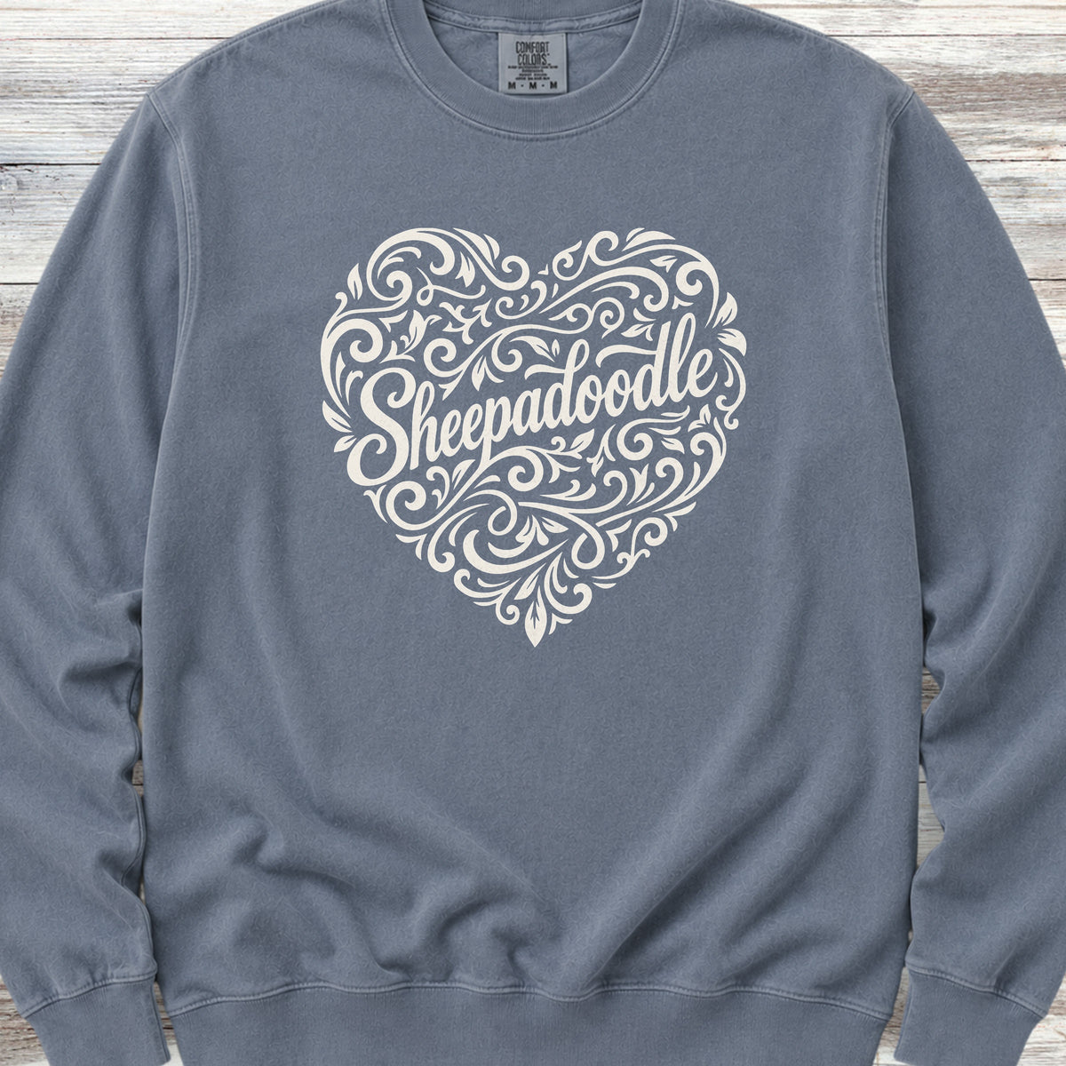 Sheepadoodle Heart Script Sweatshirt - Blue Jean