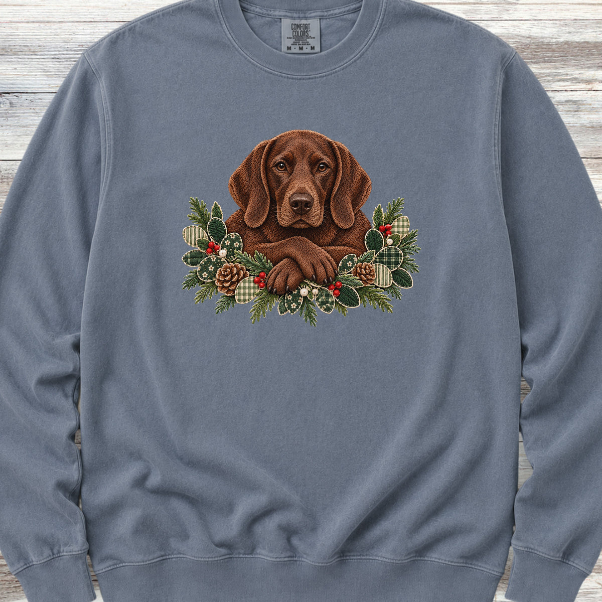 German Shorthaired Pointer Solid Liver Winter Greenery Faux Embroidery Sweatshirt - Blue Jean