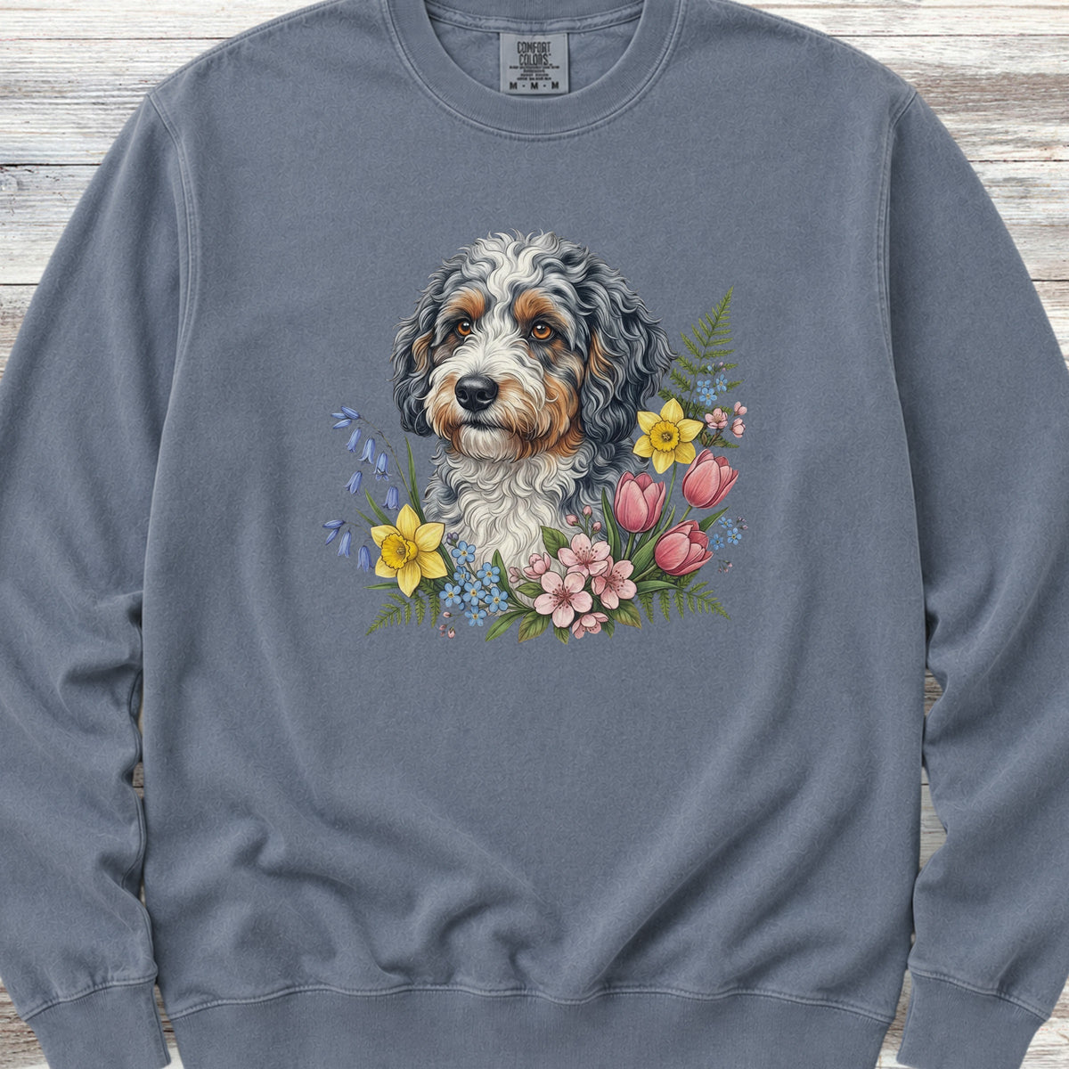 Aussiedoodle Spring Portrait Sweatshirt - Blue Jean