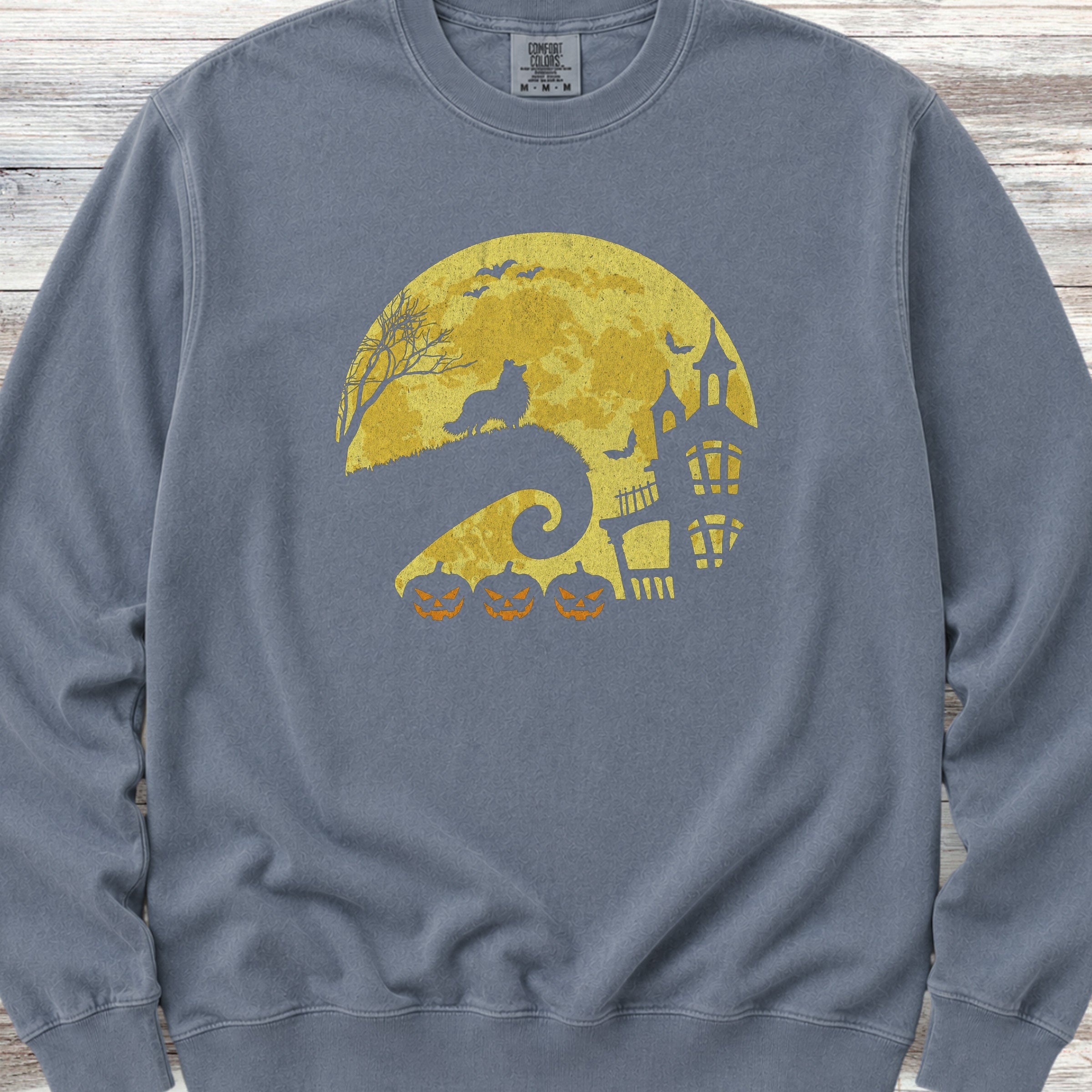 Shetland Sheepdog Halloween Moon Sweatshirt - Blue Jean