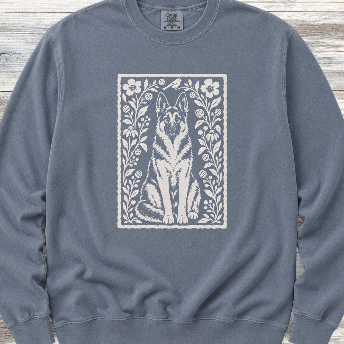 German Shepherd Folk Art Floral Sweatshirt - Blue Jean
