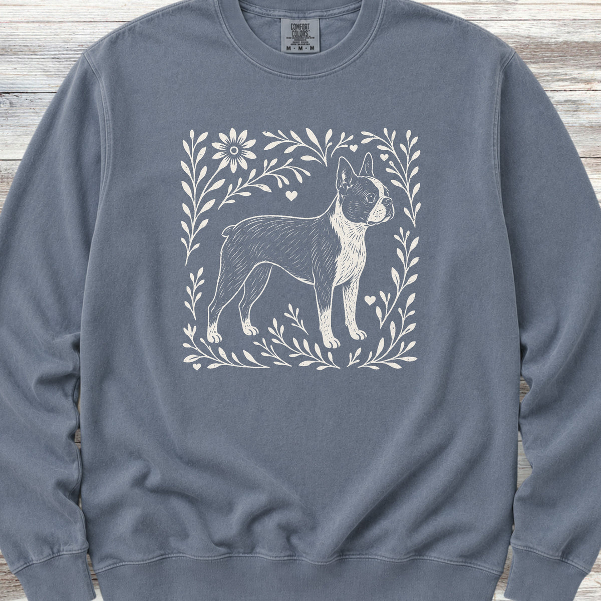 Boston Terrier Linocut Sweatshirt - Blue Jean