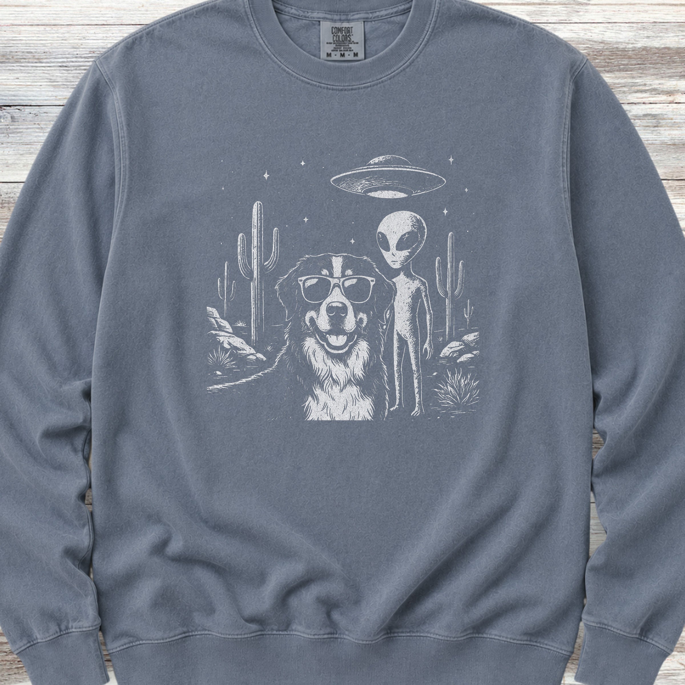 Bernese Mountain Dog Alien Selfie Sweatshirt - Blue Jean