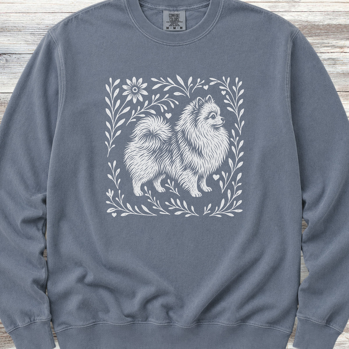 Pomeranian Linocut Sweatshirt - Blue Jean