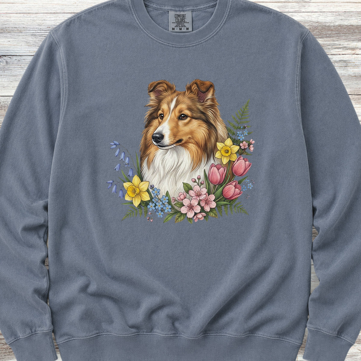 Shetland Sheepdog Spring Portrait Sweatshirt - Blue Jean