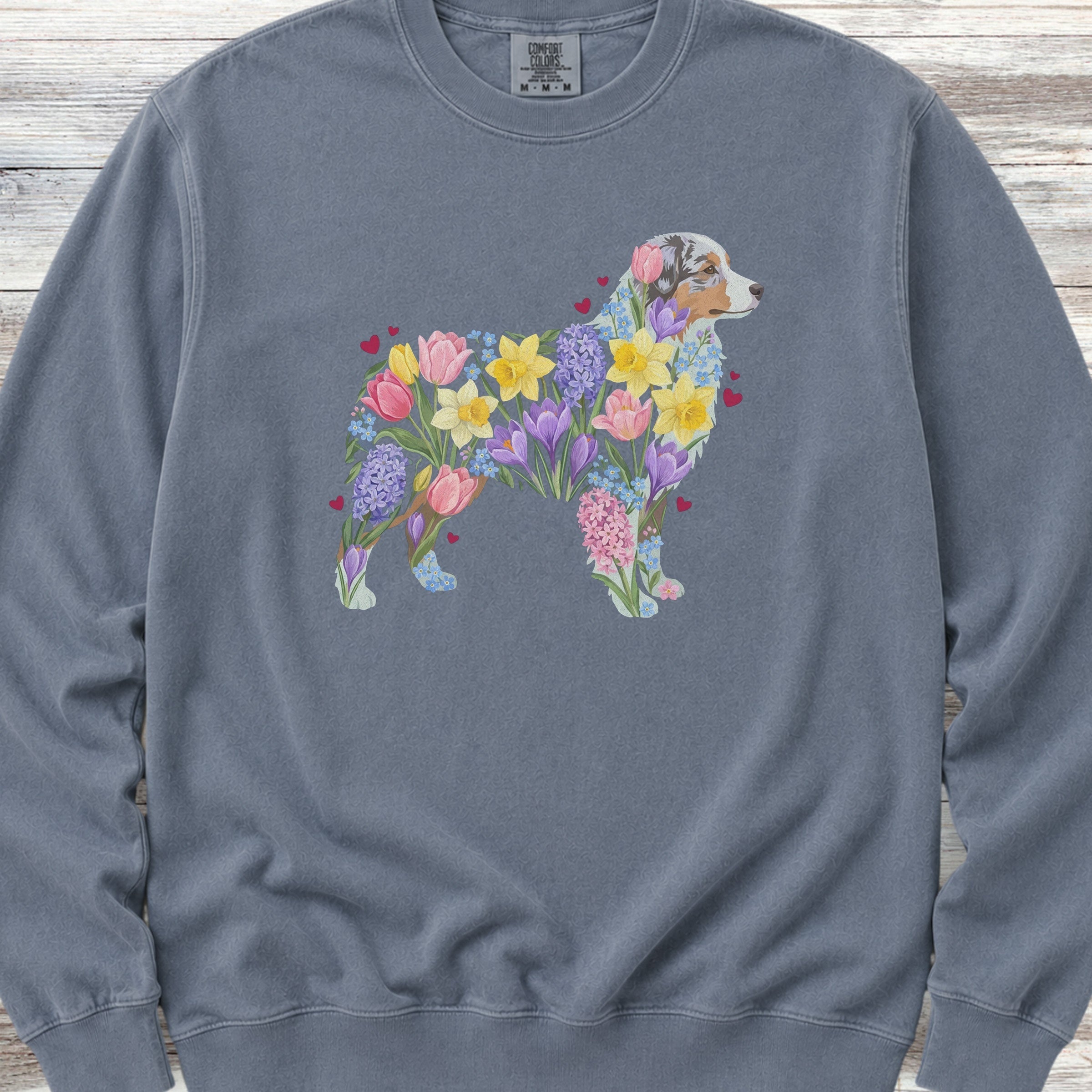 Australian Shepherd Spring Floral Silhouette Sweatshirt - Blue Jean