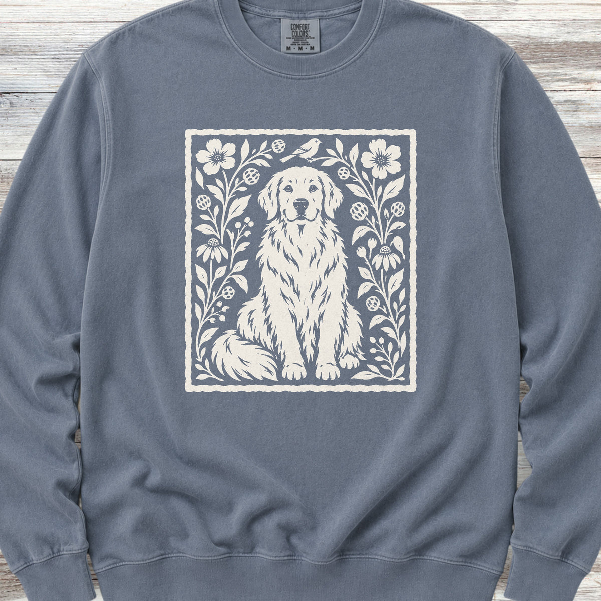 Golden Retriever Folk Art Floral Sweatshirt - Blue Jean