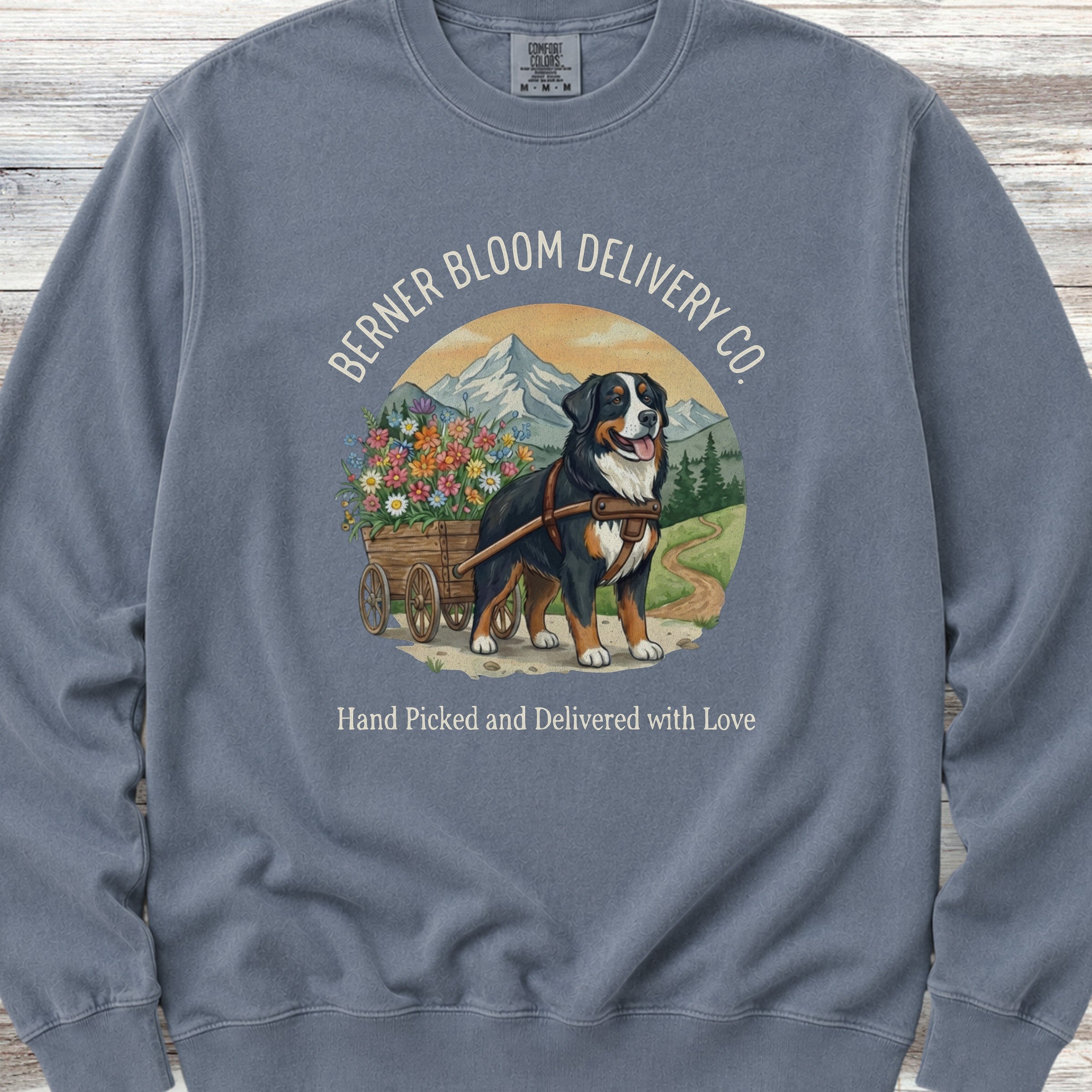 Bernese Mountain Dog Bloom Delivery Sweatshirt - Blue Jean
