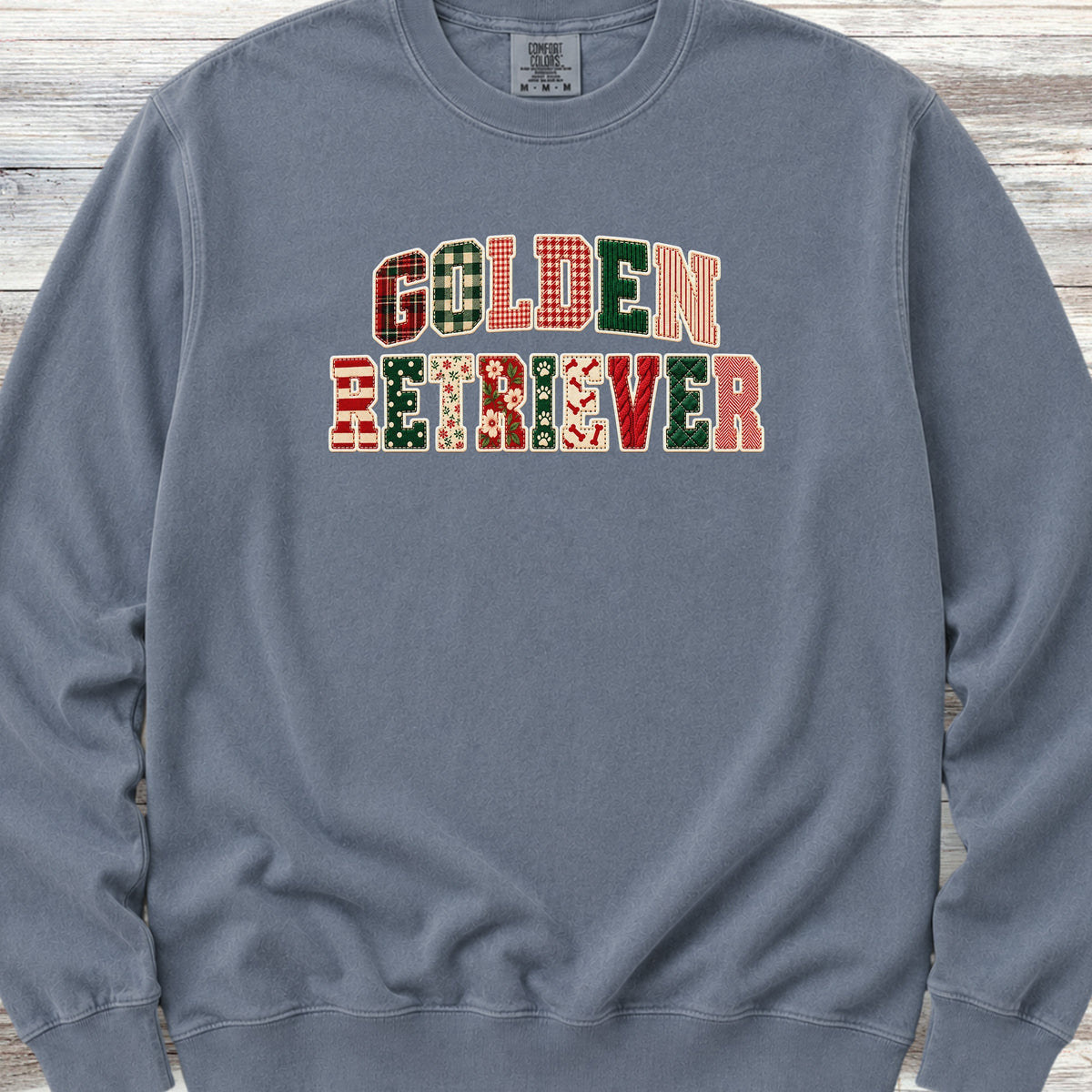 Golden Retriever Holiday Faux Patchwork Sweatshirt - Blue Jean