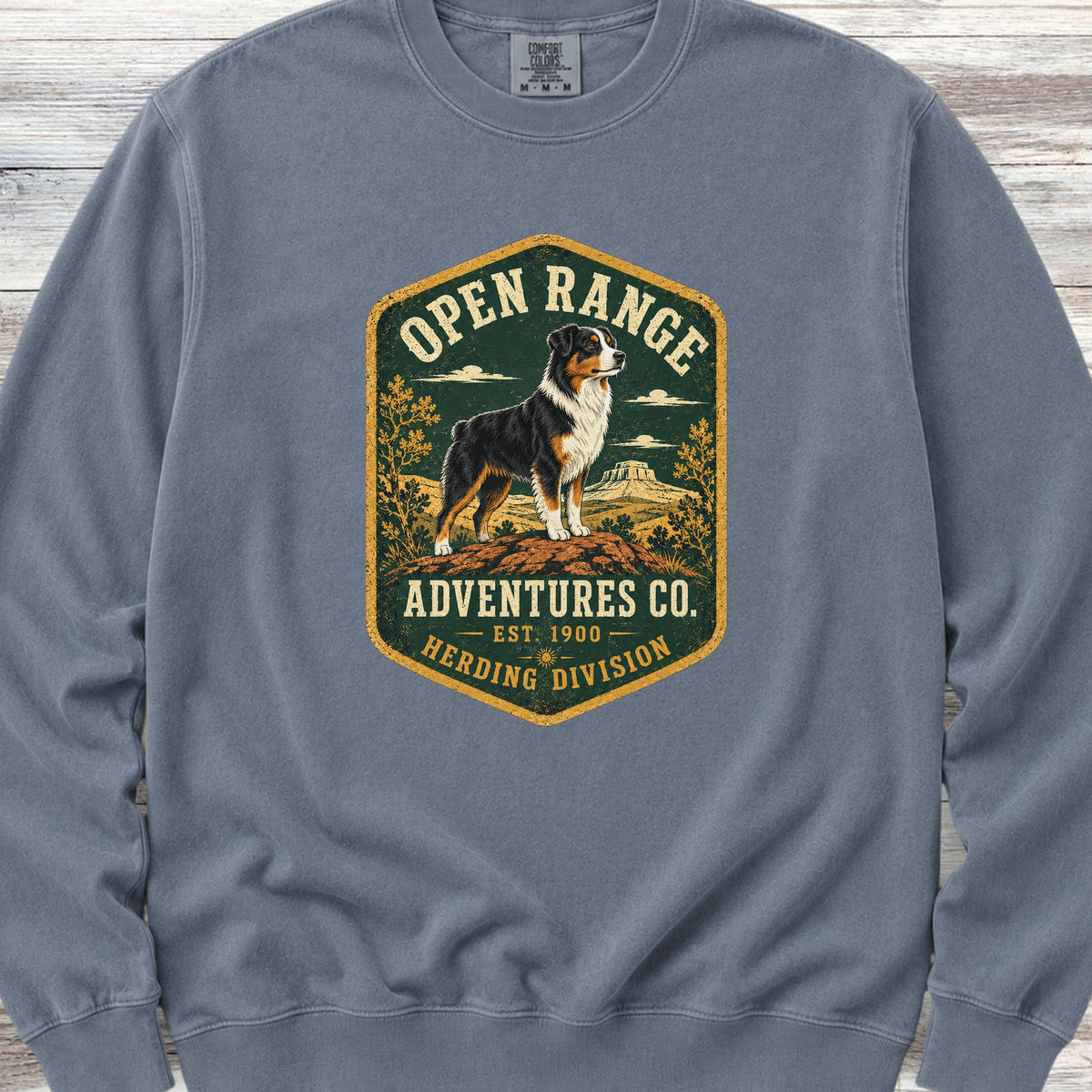 Australian Shepherd Black Tri Adventures Sweatshirt - Blue Jean