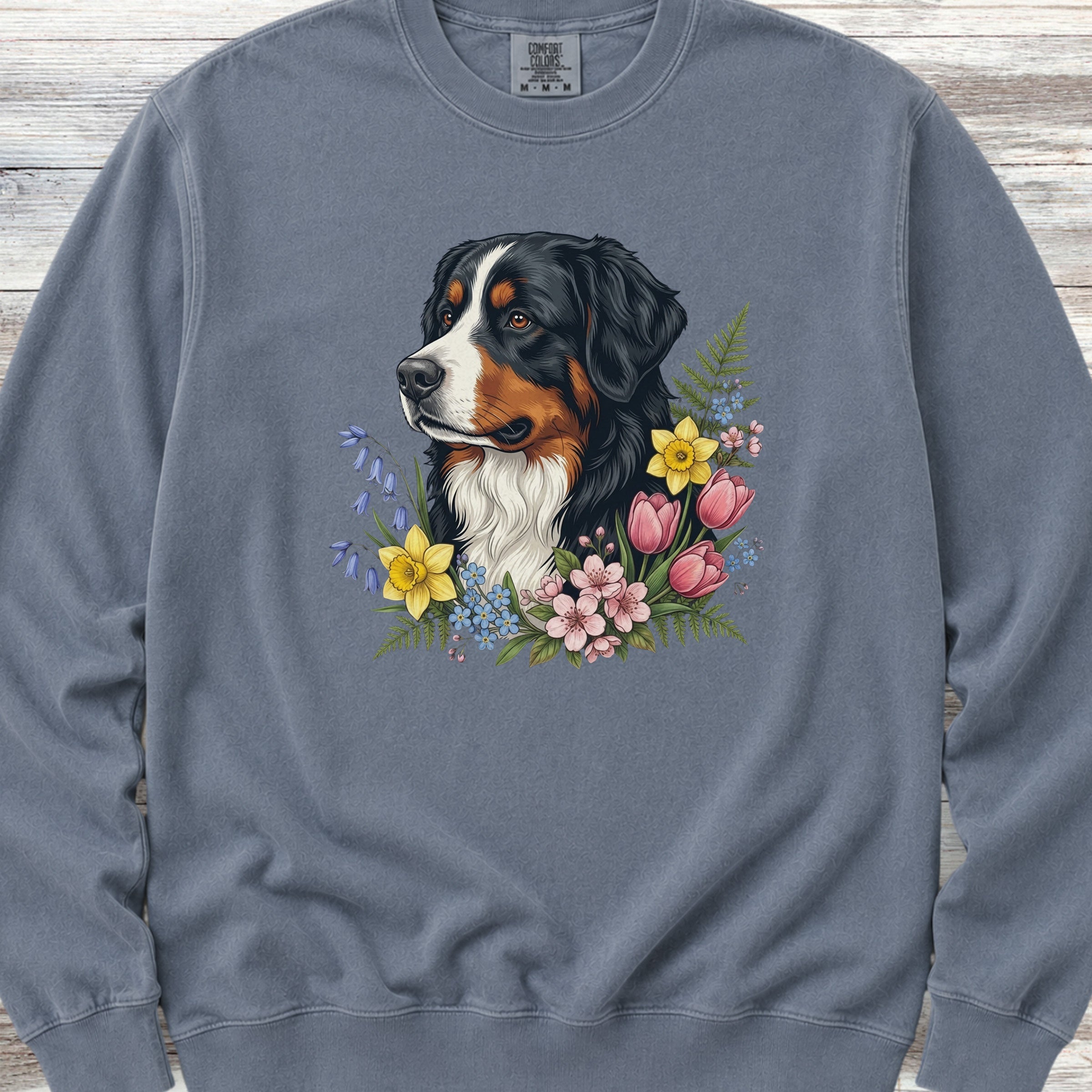 Bernese Mountain Dog Spring Portrait Sweatshirt - Blue Jean