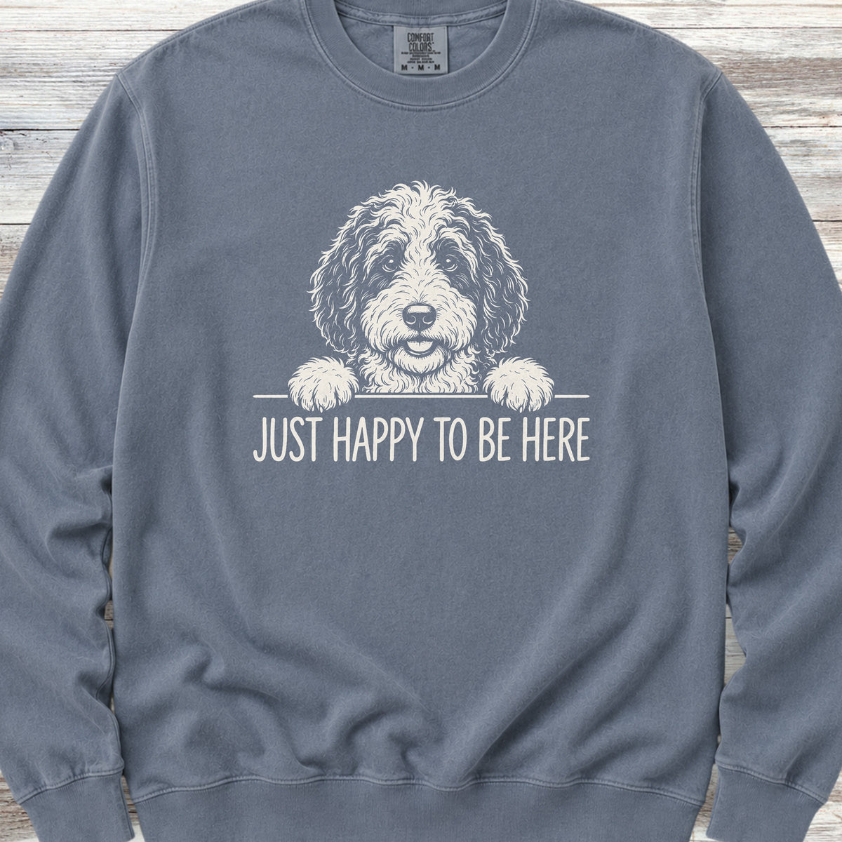 Sheepadoodle Happy Sweatshirt - Blue Jean