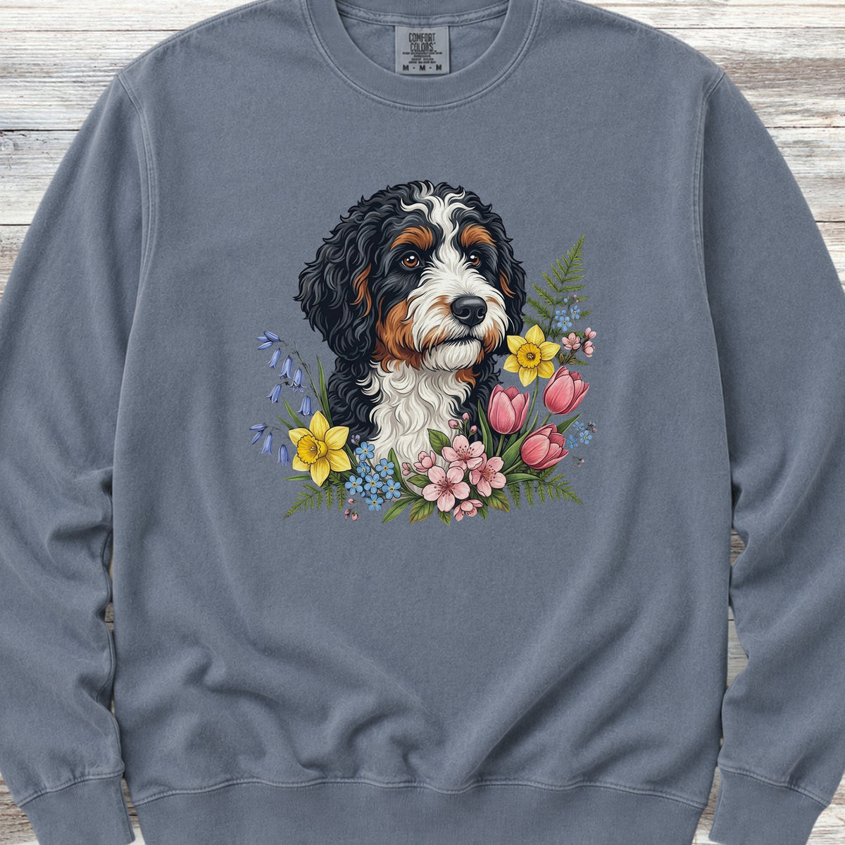 Bernedoodle Spring Portrait Sweatshirt - Blue Jean