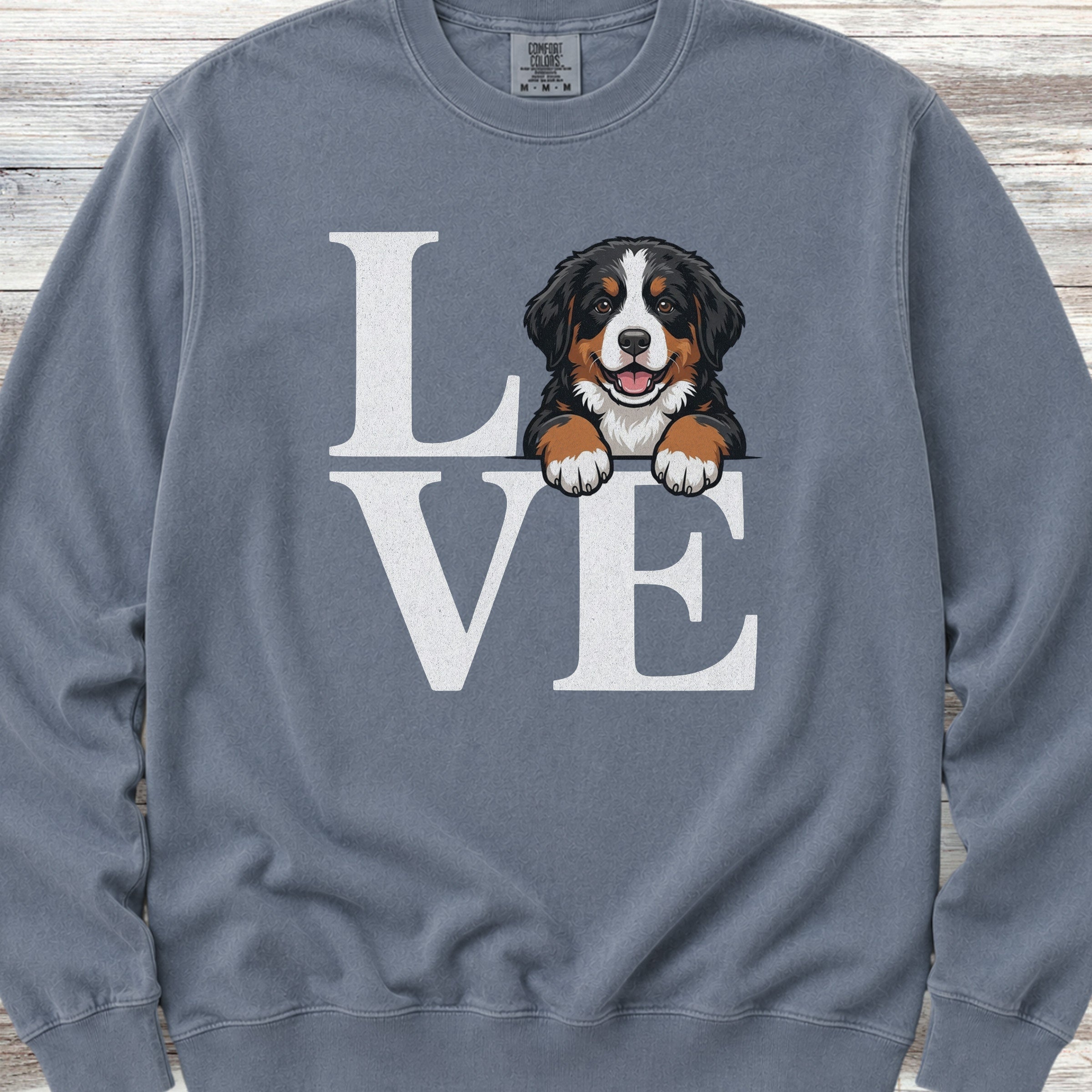 Bernese Mountain Dog Puppy Love Sweatshirt - Blue Jean