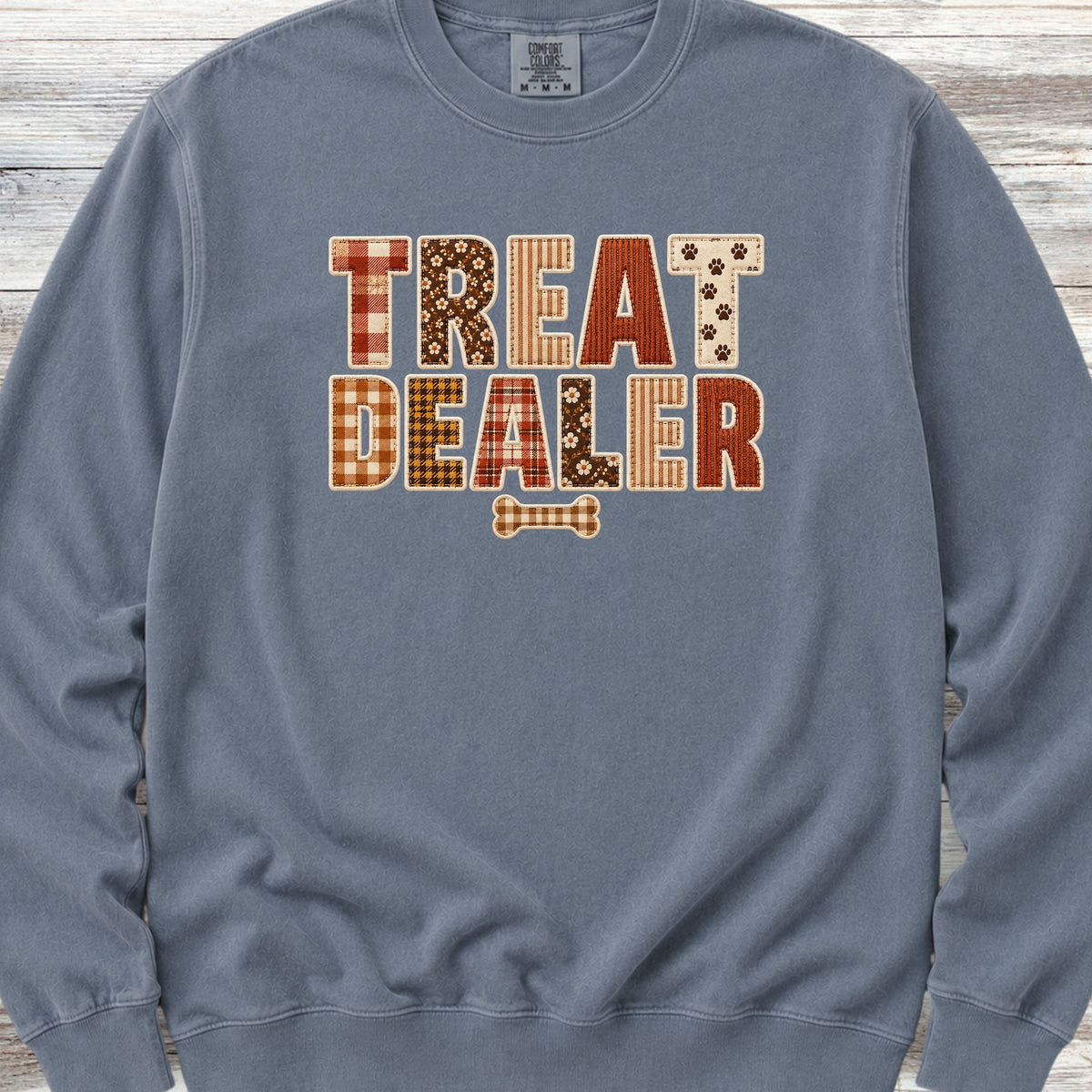 Treat Dealer Fall Faux Patchwork Sweatshirt - Blue Jean