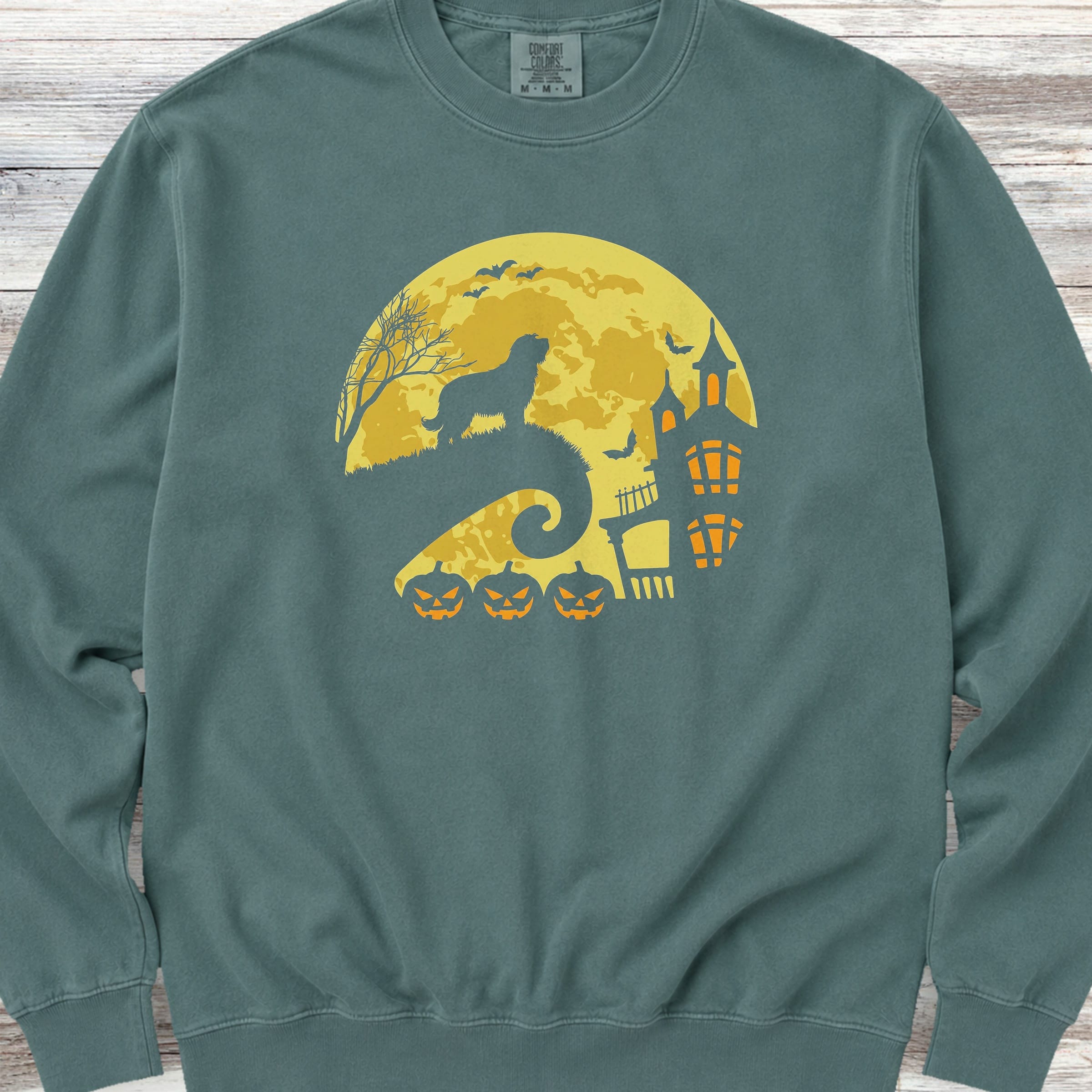 Bearded Collie Halloween Moon Sweatshirt - Blue Spruce