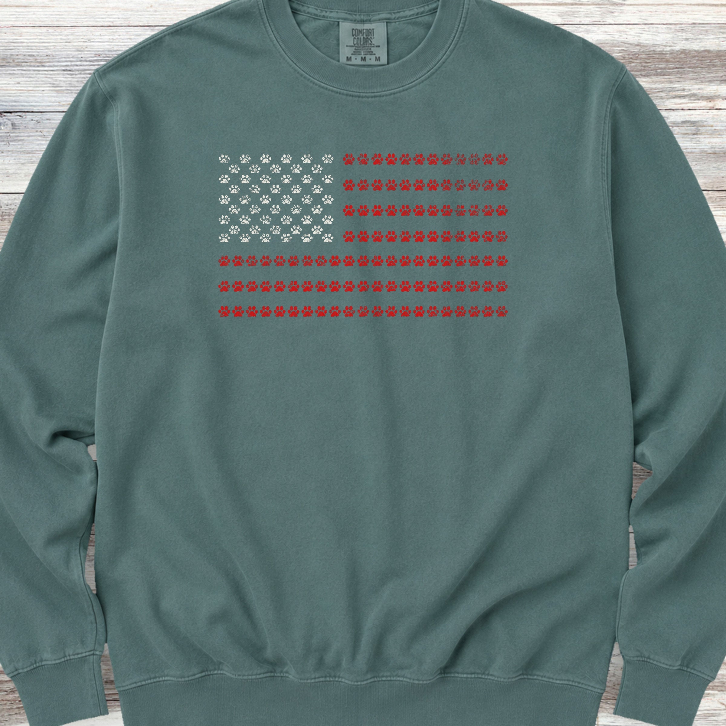 Vintage Red White & Paws Flag Sweatshirt - Blue Spruce