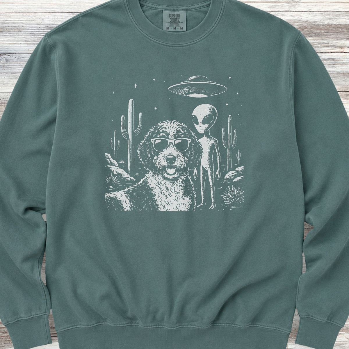 Bernedoodle Alien Selfie Sweatshirt - Blue Spruce