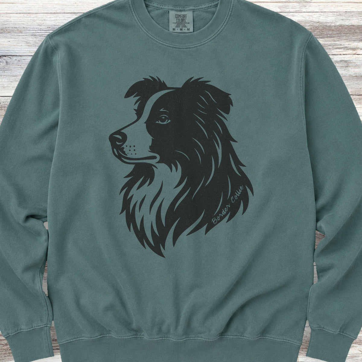 Border Collie Woodcut Portrait Sweatshirt - Blue Spruce