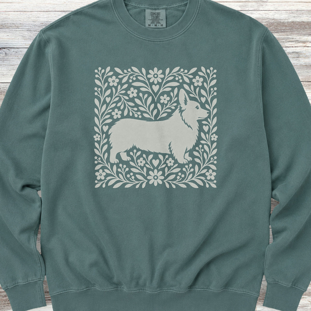 Corgi Linocut Sweatshirt - Blue Spruce