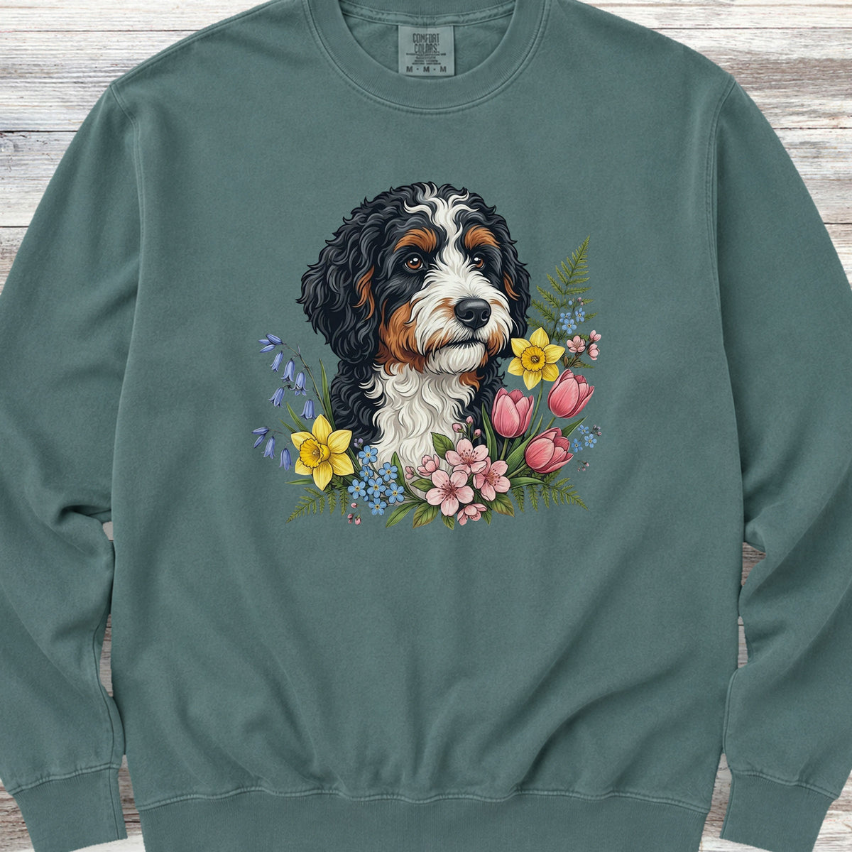 Bernedoodle Spring Portrait Sweatshirt - Blue Spruce