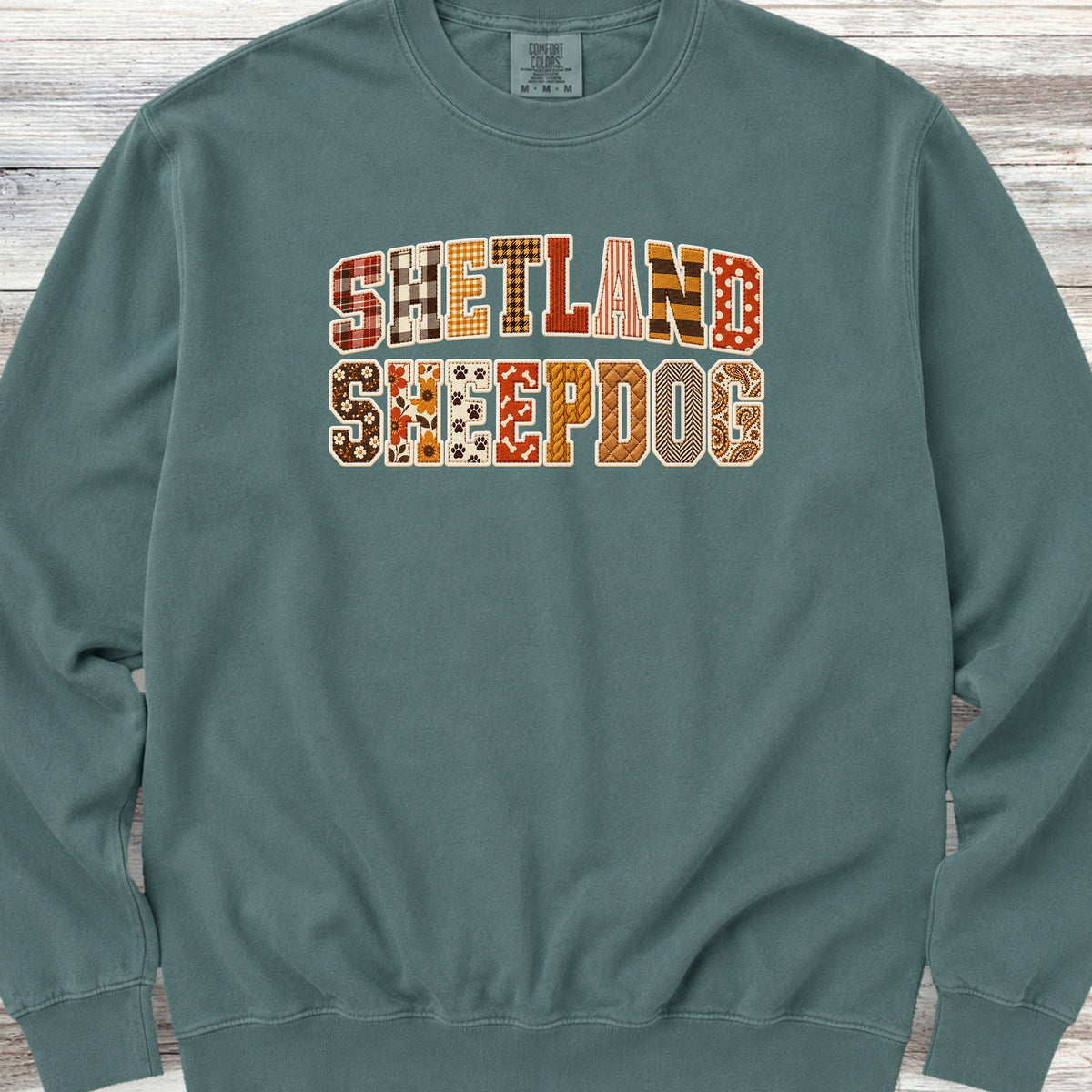 Shetland Sheepdog Fall Faux Patchwork Sweatshirt - Blue Spruce