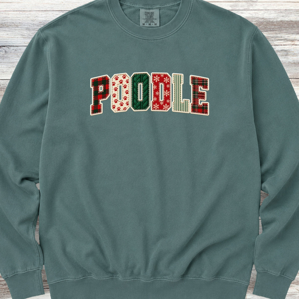 Poodle Holiday Faux Patchwork Sweatshirt - Blue Spruce
