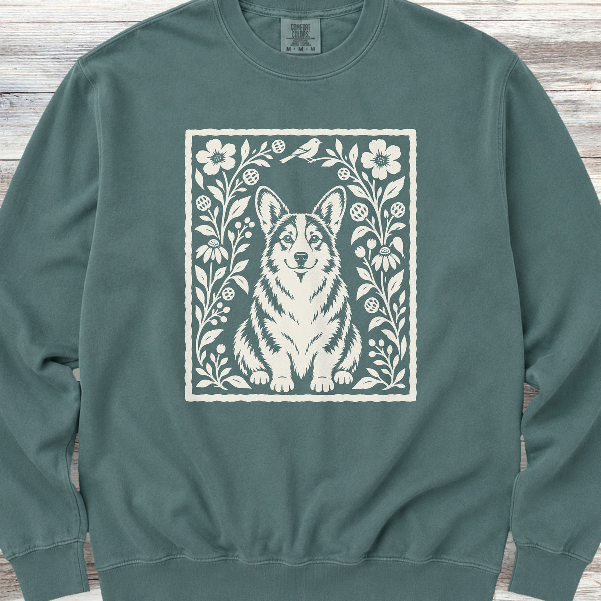 Corgi Folk Art Floral Sweatshirt - Blue Spruce