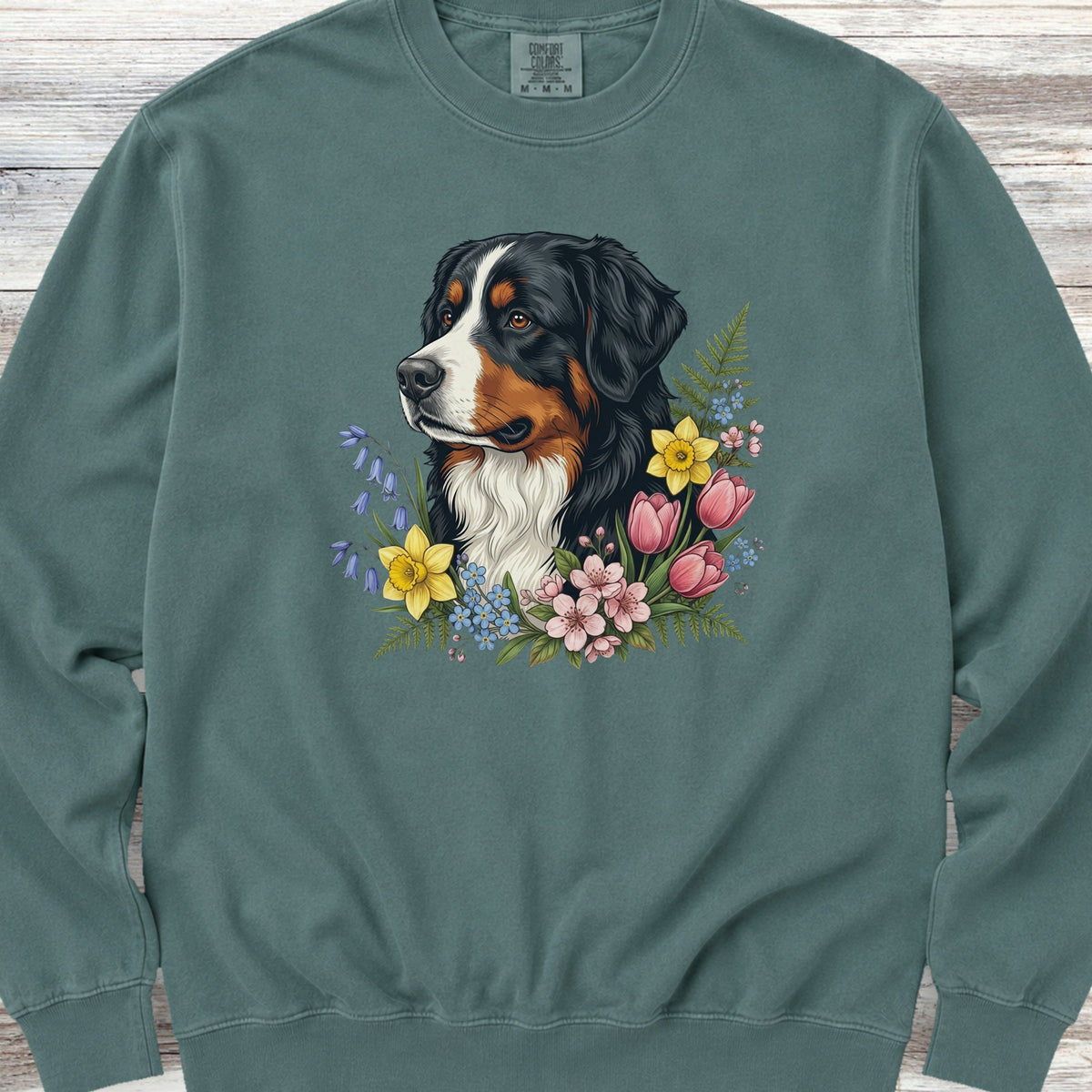 Bernese Mountain Dog Spring Portrait Sweatshirt - Blue Spruce