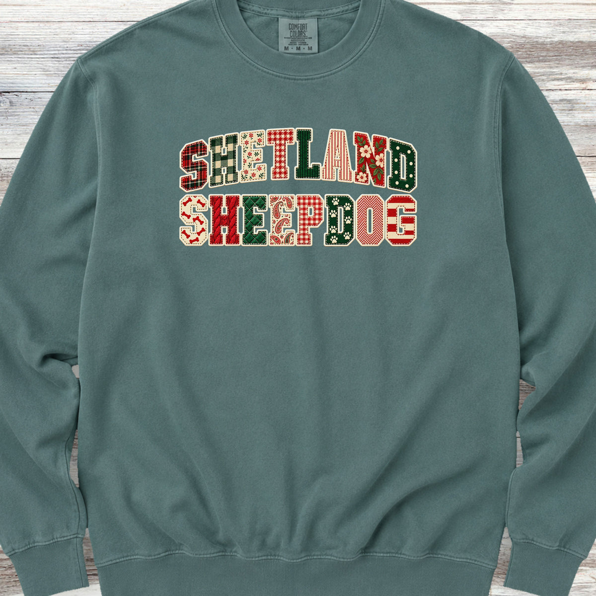 Shetland Sheepdog Holiday Faux Patchwork Sweatshirt - Blue Spruce