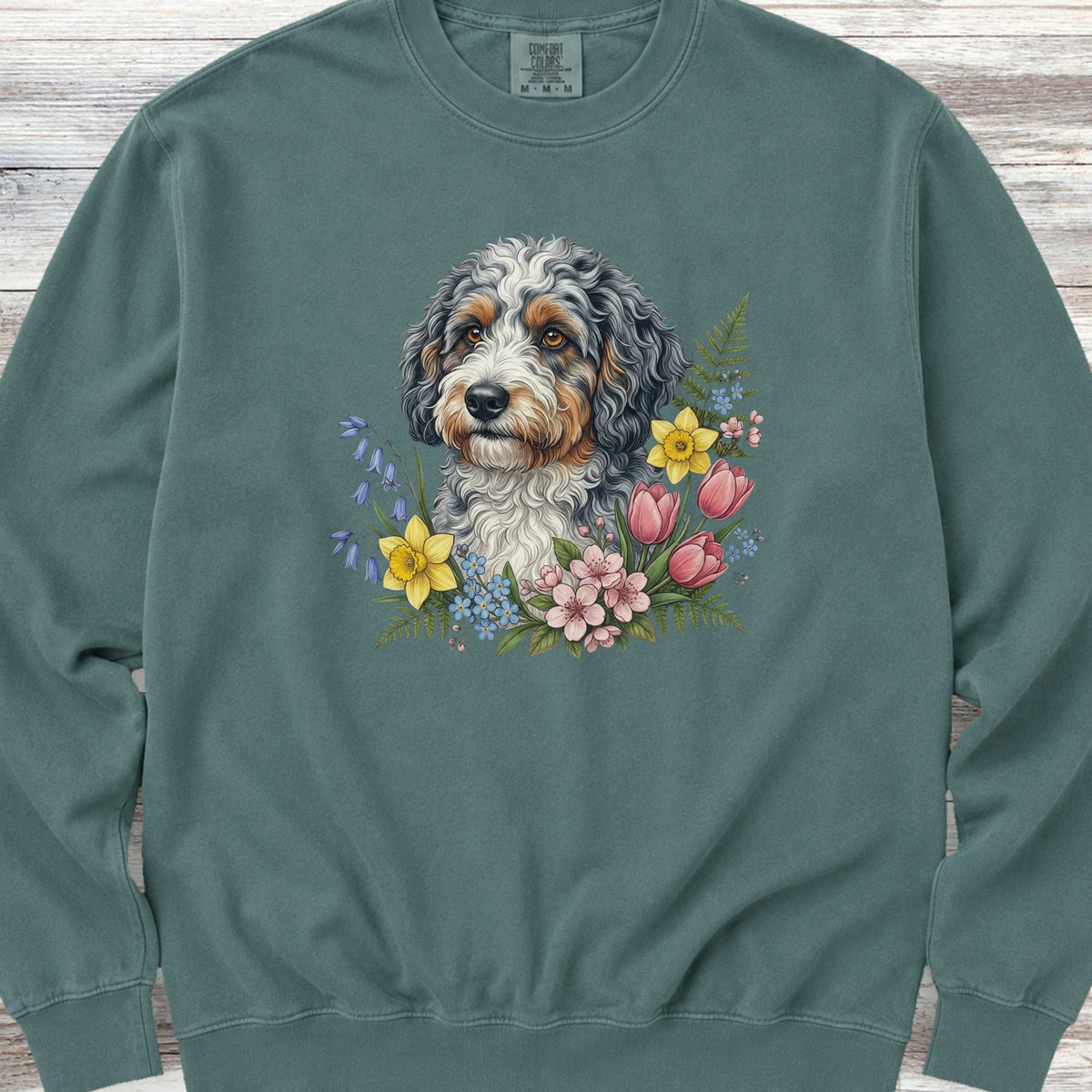 Aussiedoodle Spring Portrait Sweatshirt - Blue Spruce
