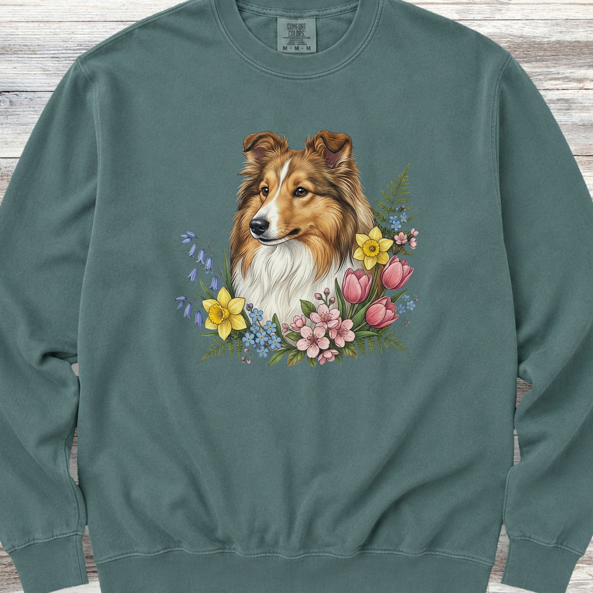 Shetland Sheepdog Spring Portrait Sweatshirt - Blue Spruce