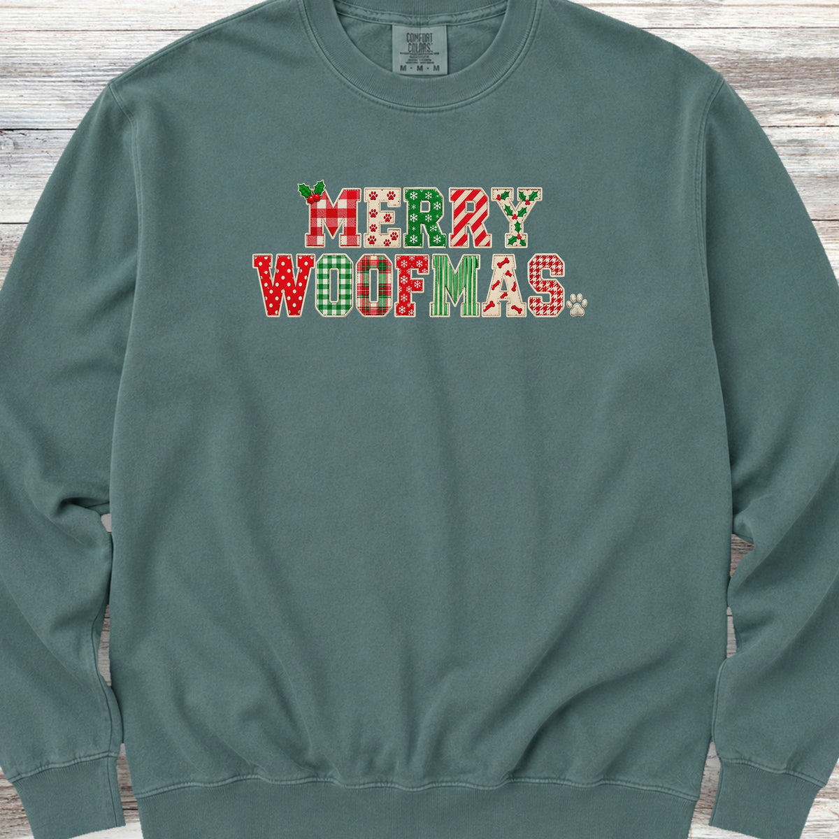 Merry Woofmas Faux Patchwork Sweatshirt - Blue Spruce