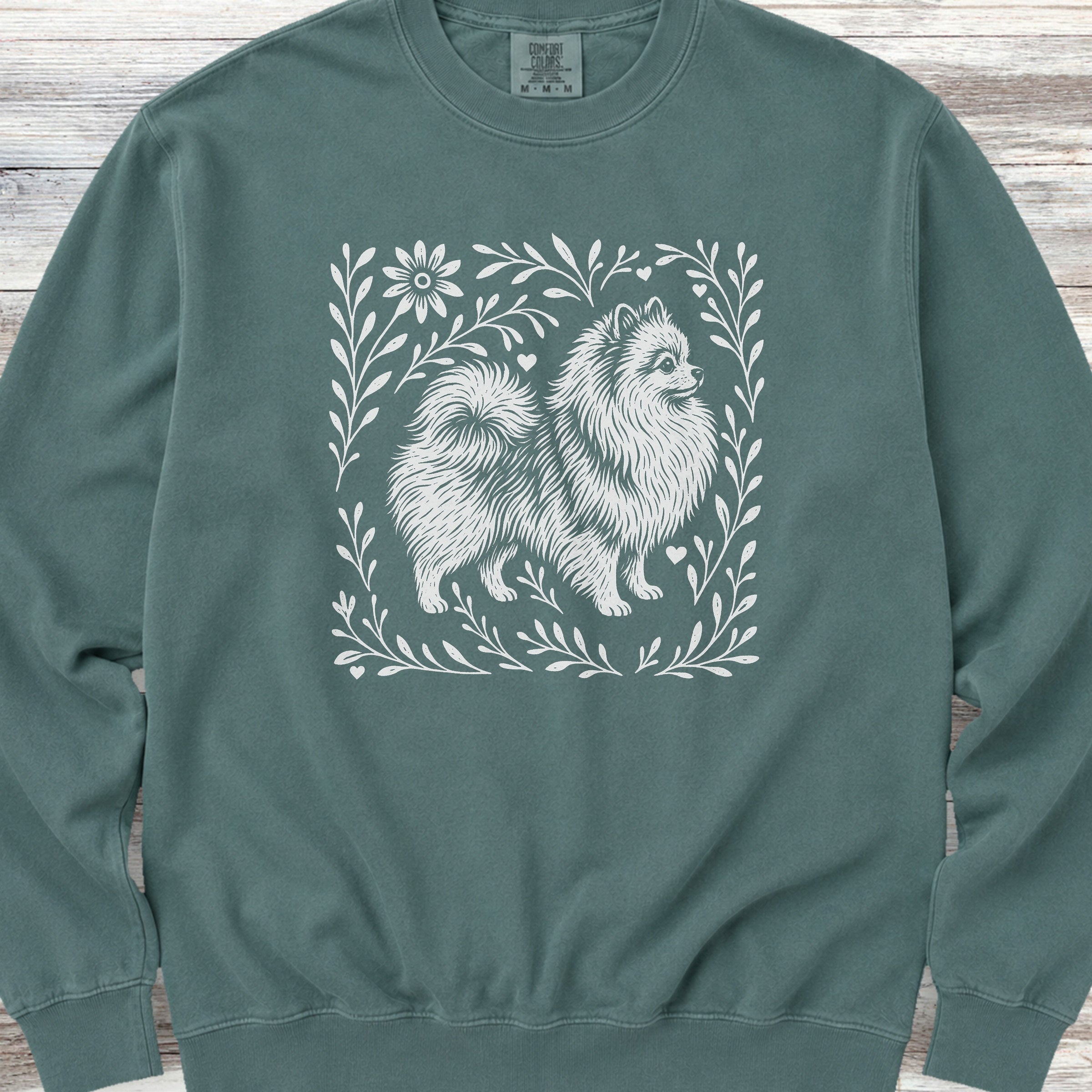 Pomeranian Linocut Sweatshirt - Blue Spruce