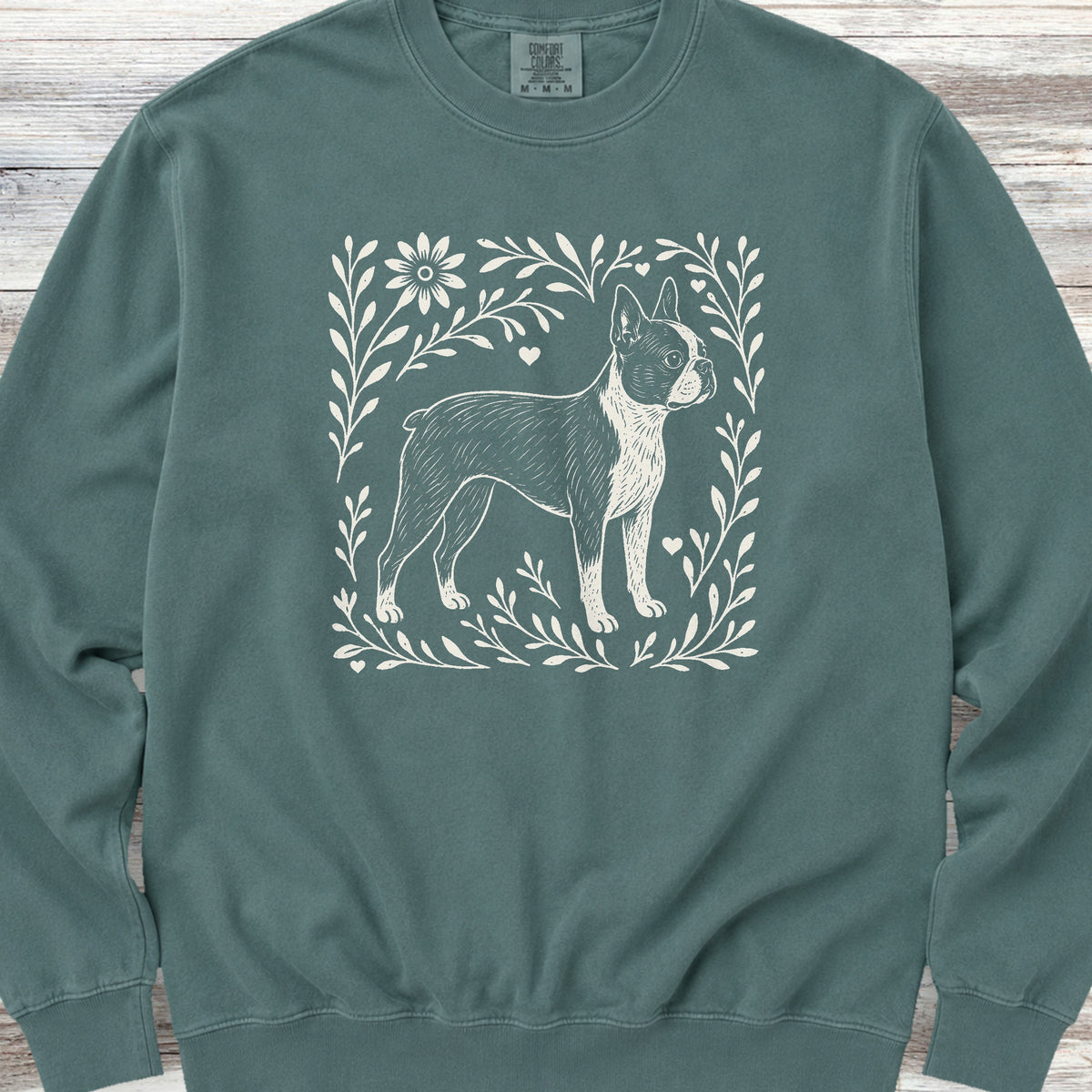Boston Terrier Linocut Sweatshirt - Blue Spruce