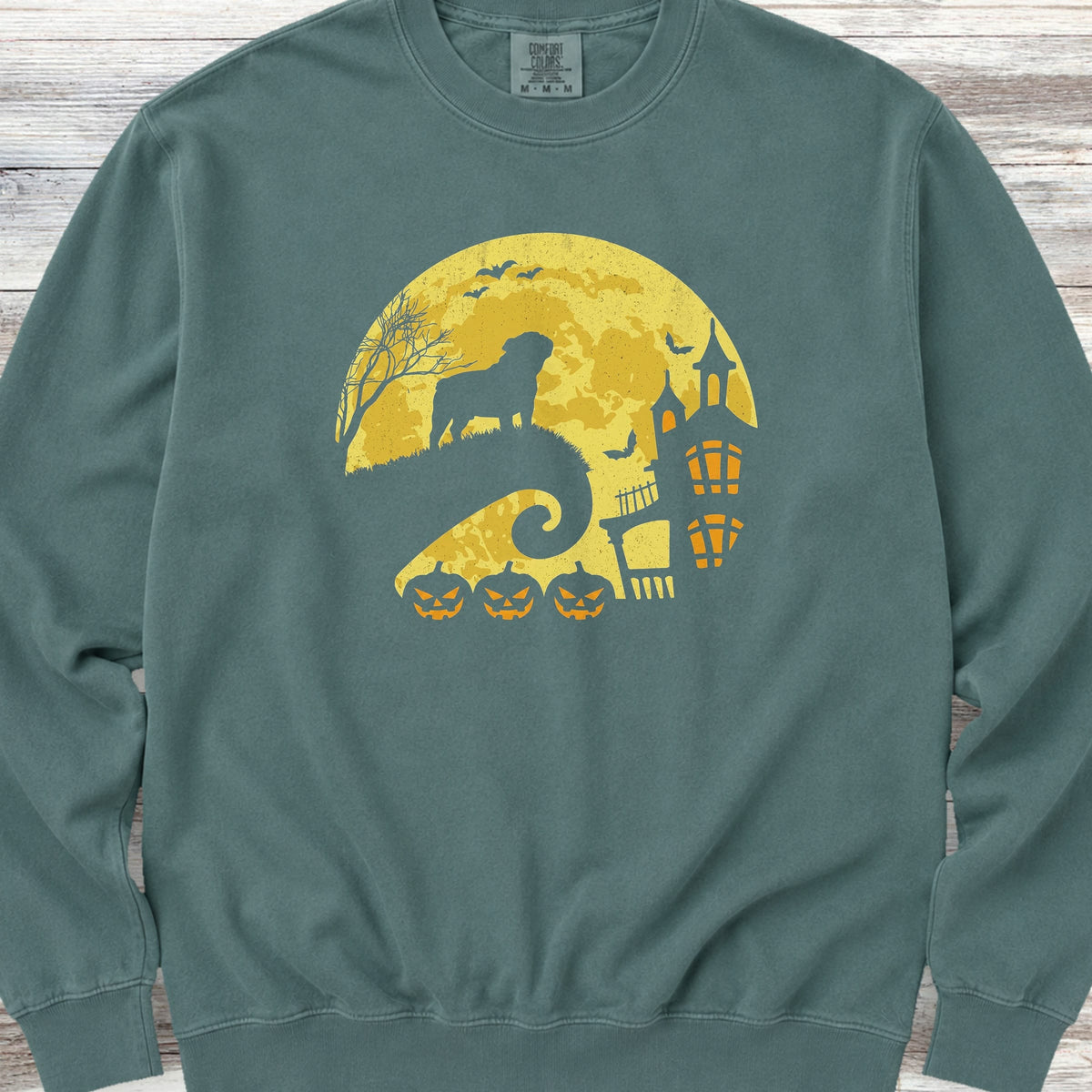 English Bulldog Halloween Moon Sweatshirt - Blue Spruce
