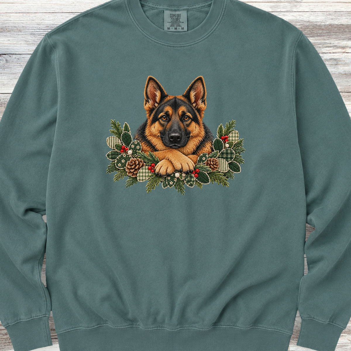 German Shepherd Winter Greenery Faux Embroidery Sweatshirt - Blue Spruce
