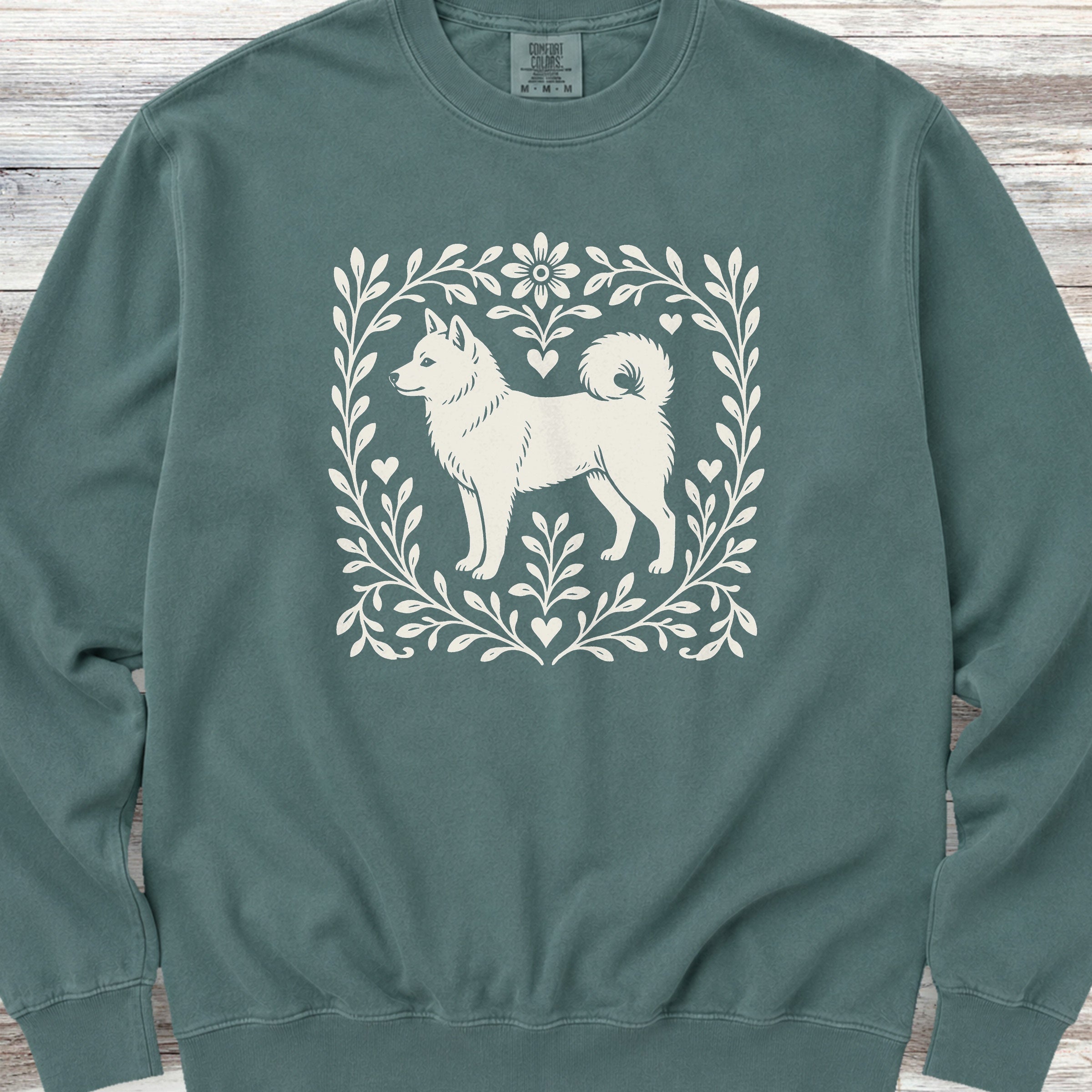 Shiba Inu Linocut Sweatshirt - Blue Spruce