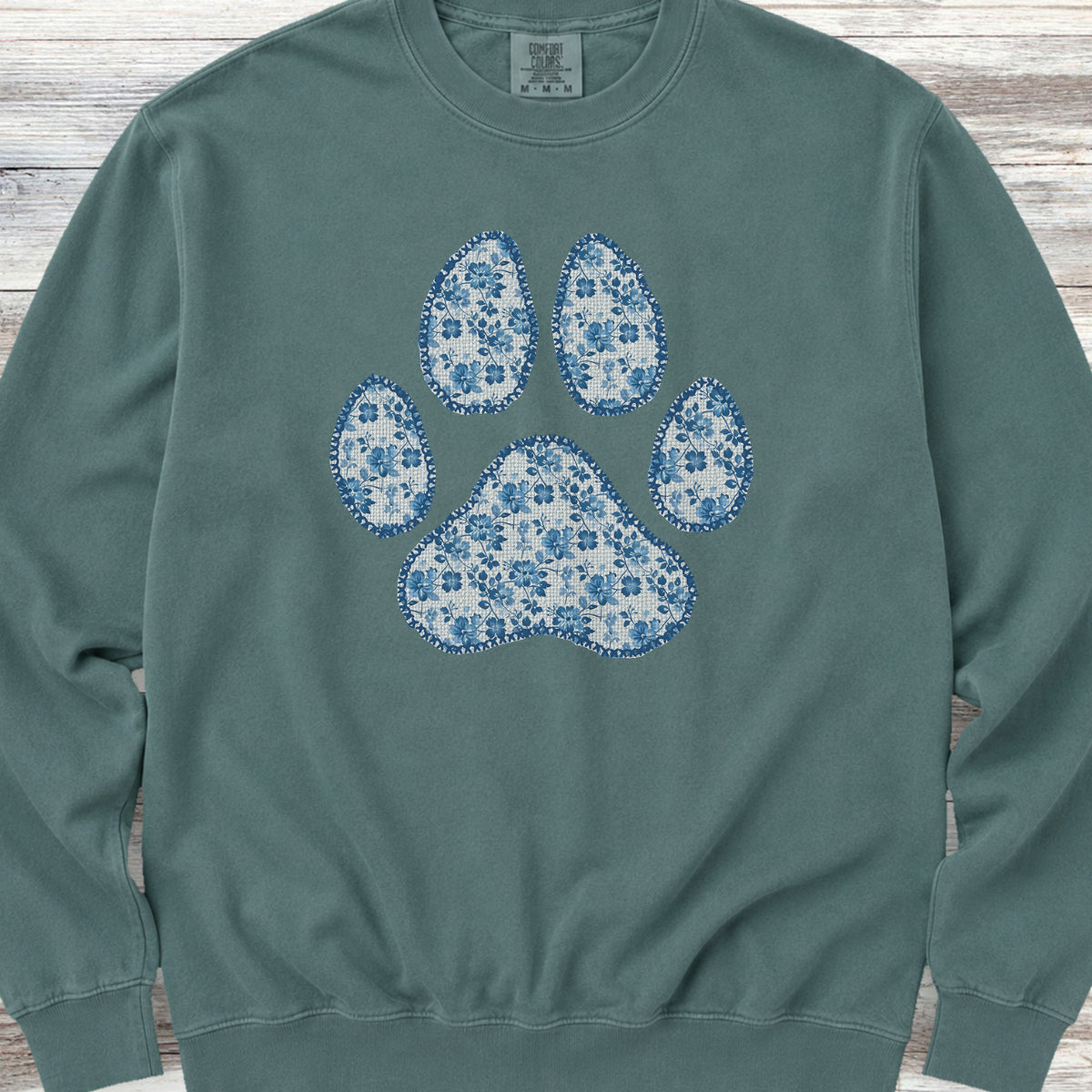 Blue Floral Paw Print Sweatshirt - Blue Spruce