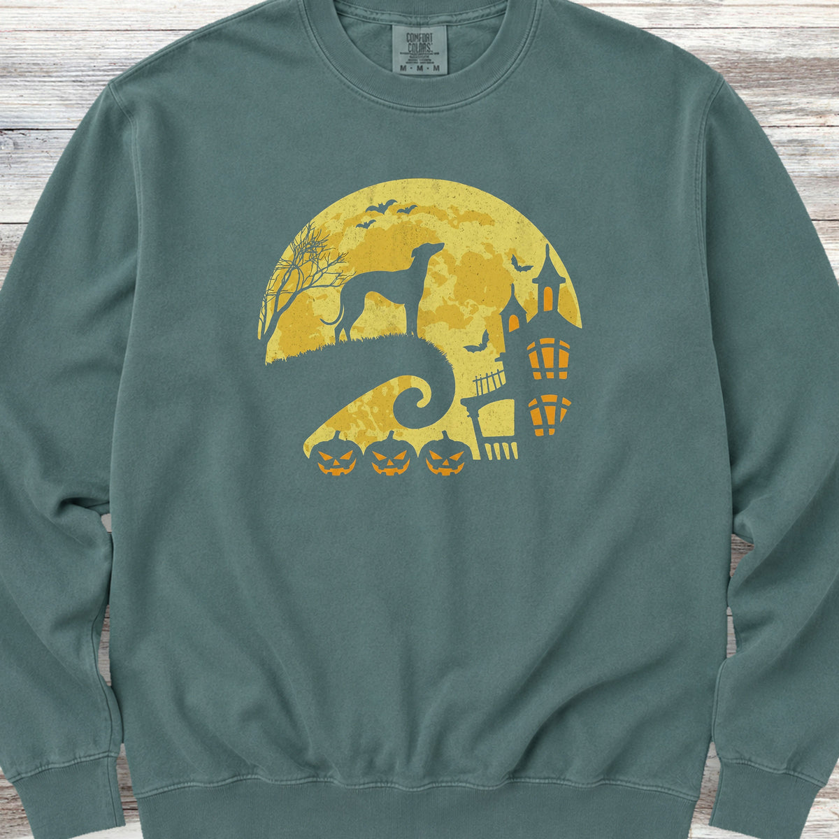 Greyhound Halloween Moon Sweatshirt - Blue Spruce