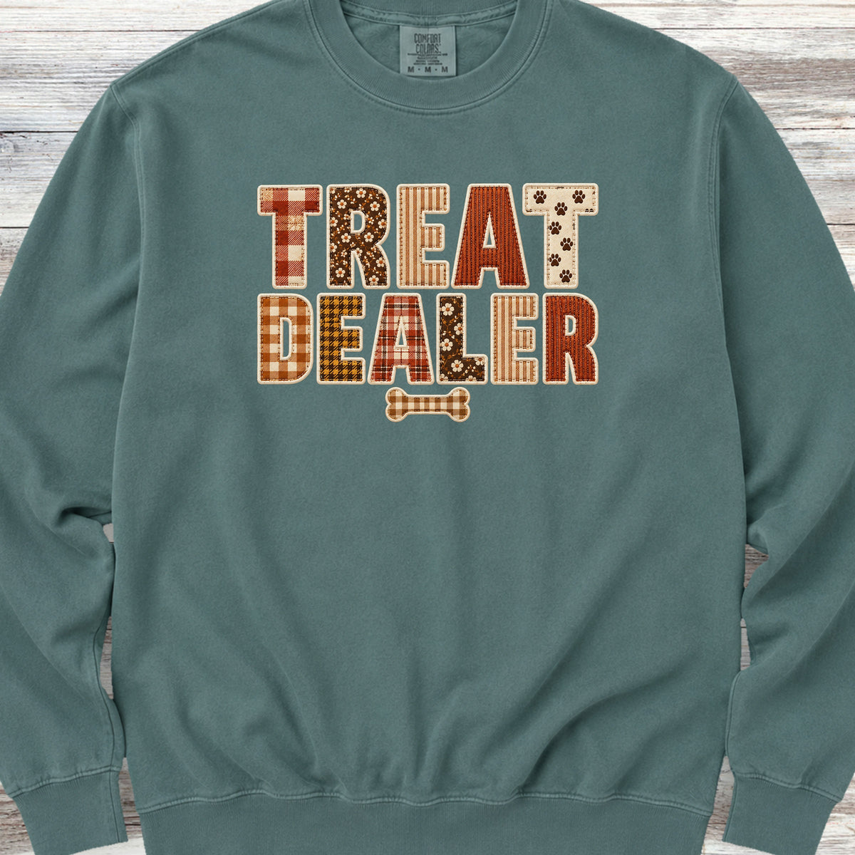 Treat Dealer Fall Faux Patchwork Sweatshirt - Blue Spruce