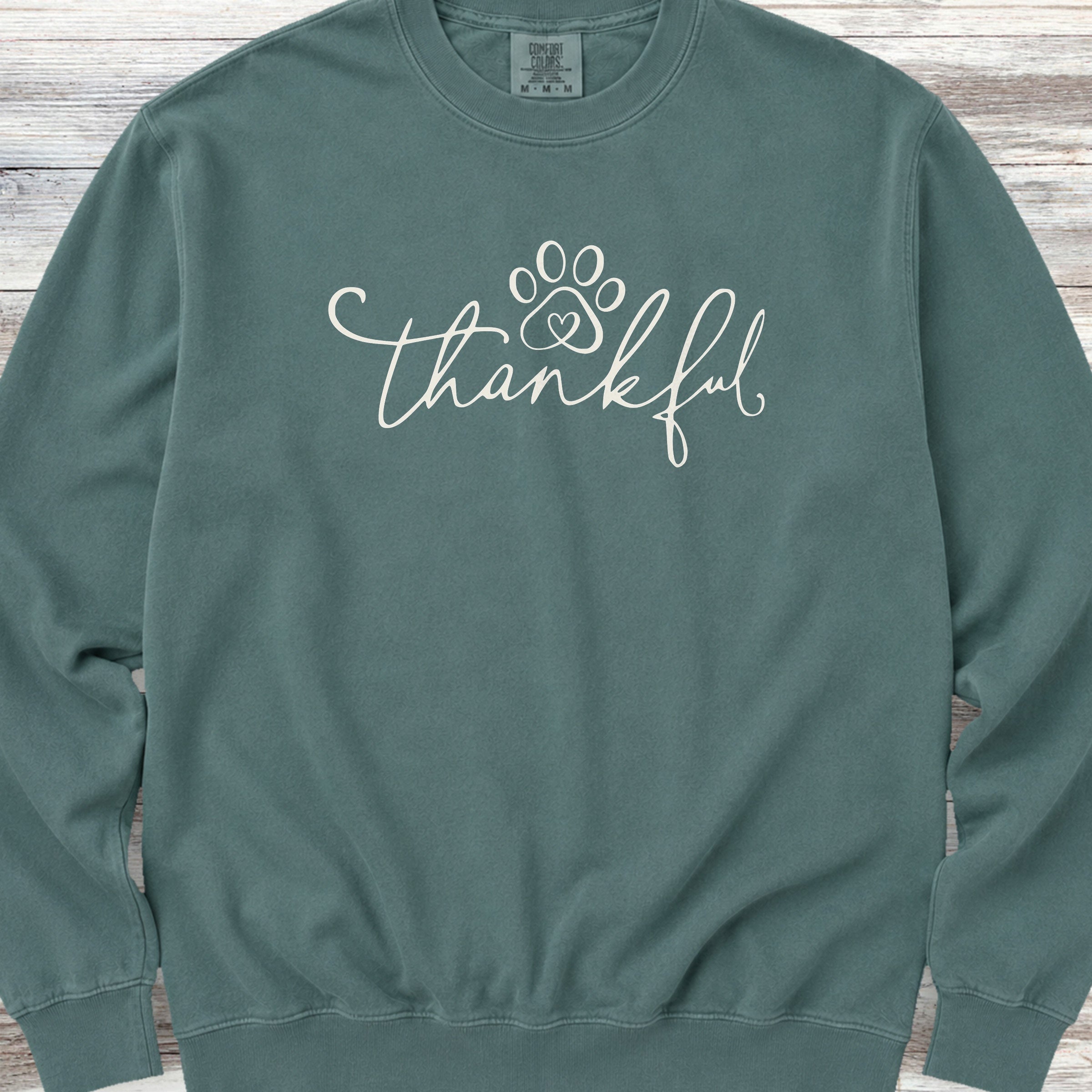 Thankful Pawprint Sweatshirt - Blue Spruce