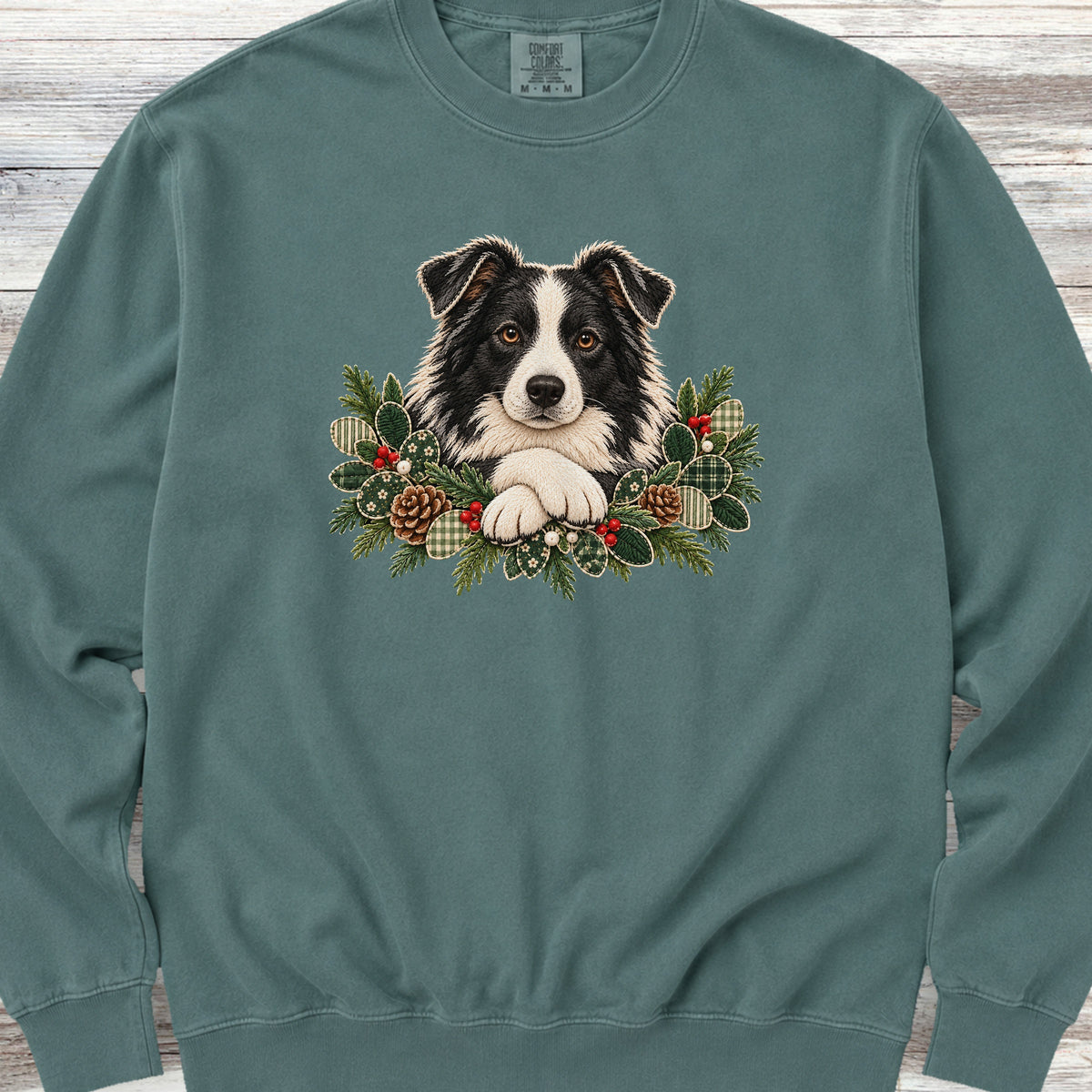 Border Collie Winter Greenery Faux Embroidery Sweatshirt - Blue Spruce