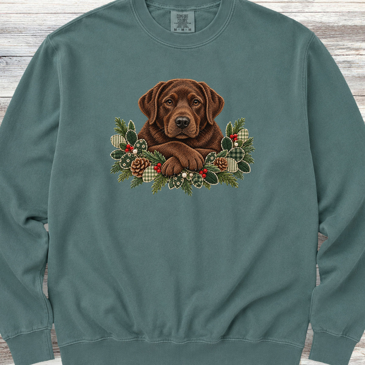 Labrador Retriever Chocolate Winter Greenery Faux Embroidery Sweatshirt - Blue Spruce