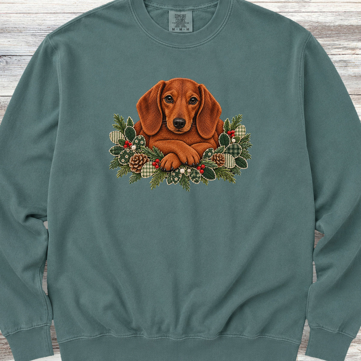 Dachshund Winter Greenery Faux Embroidery Sweatshirt - Blue Spruce