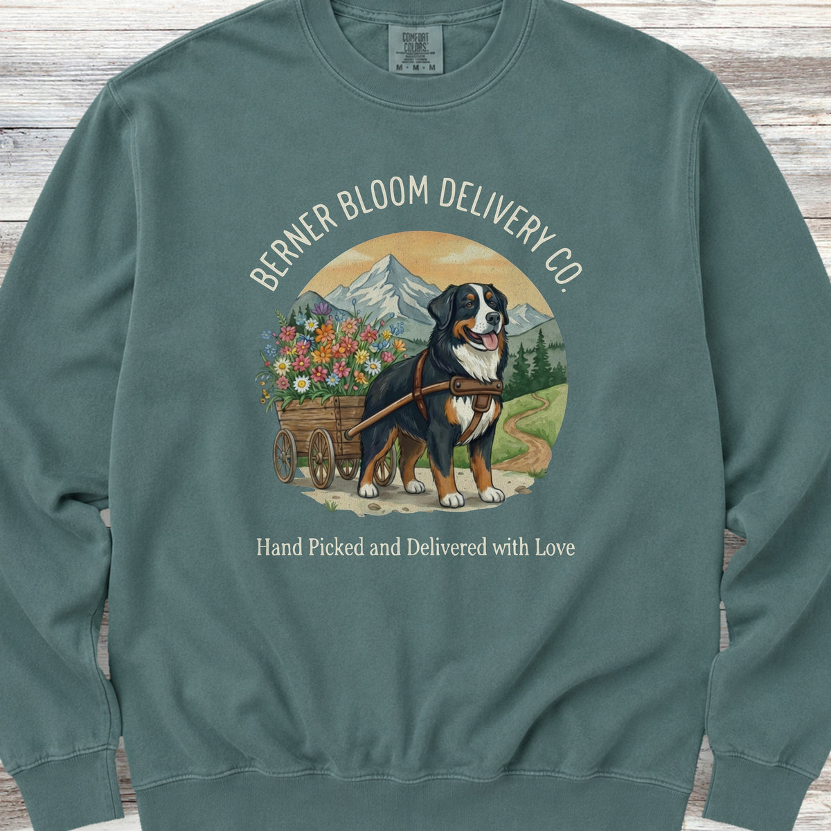 Bernese Mountain Dog Bloom Delivery Sweatshirt - Blue Spruce