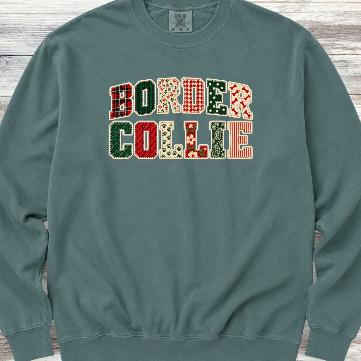 Border Collie Holiday Faux Patchwork Sweatshirt - Blue Spruce
